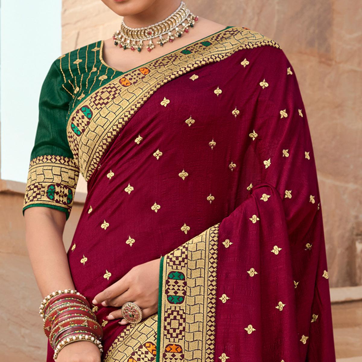 Maroon Party Wear Embroidered Art Silk Saree - Peachmode