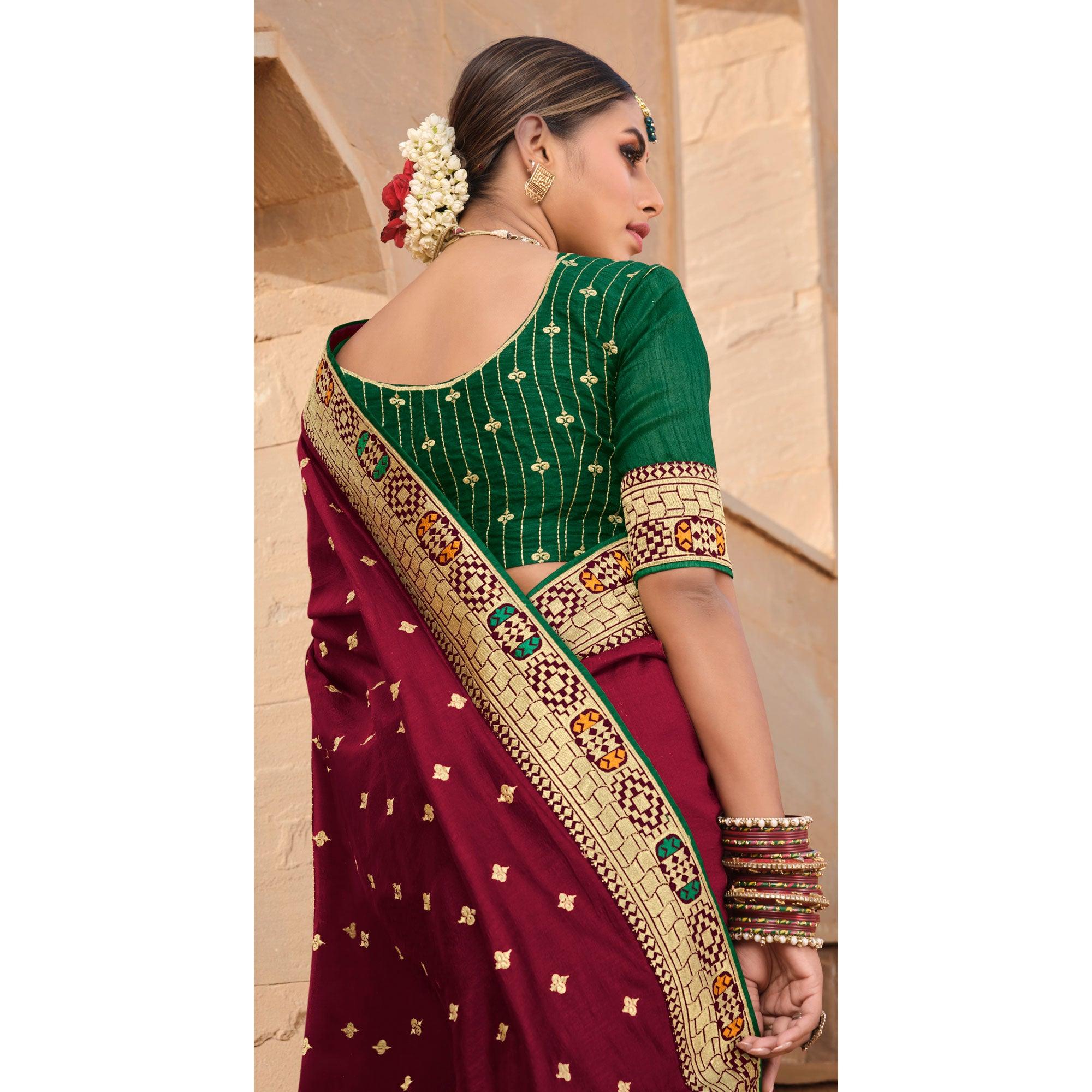 Maroon Party Wear Embroidered Art Silk Saree - Peachmode