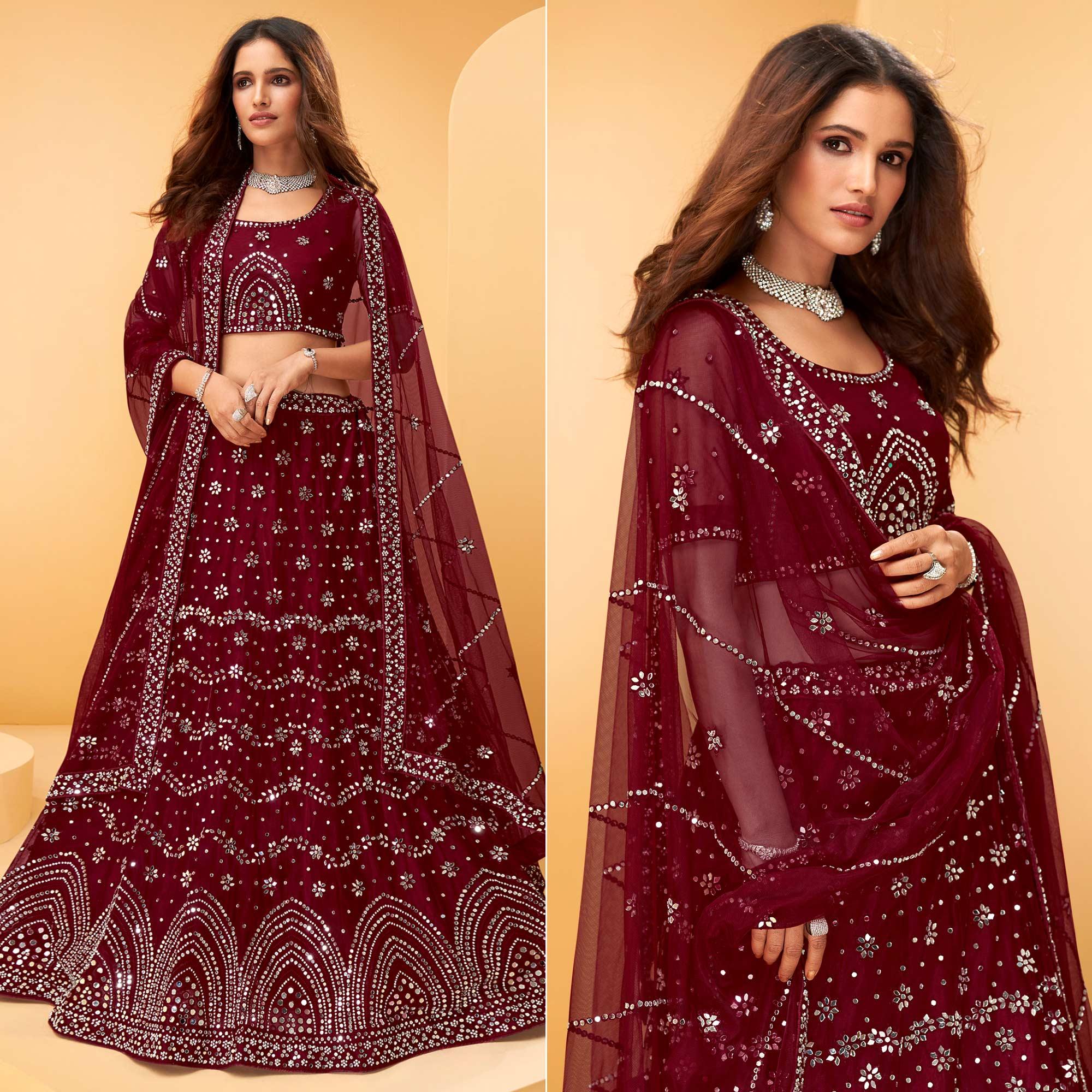 Maroon Party Wear Embroidered-Embellished Netted Lehenga Choli - Peachmode