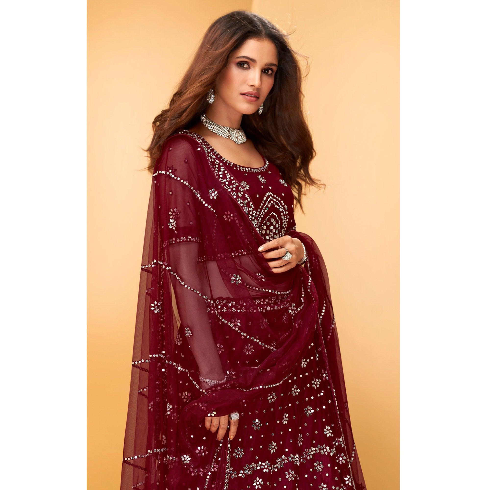 Maroon Party Wear Embroidered-Embellished Netted Lehenga Choli - Peachmode