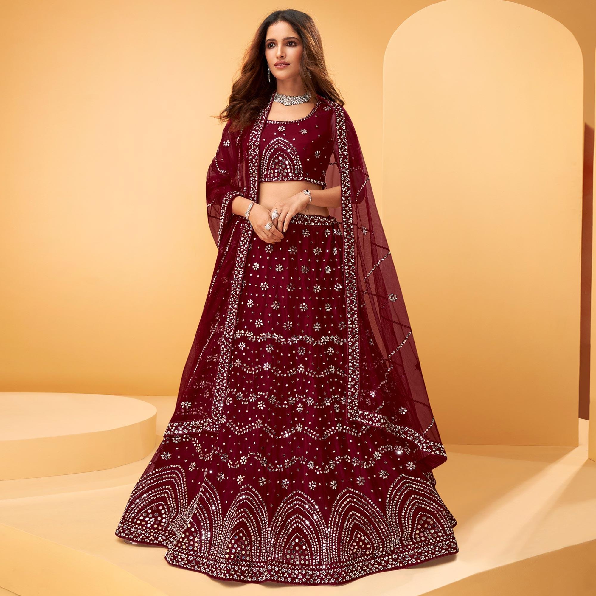 Maroon Party Wear Embroidered-Embellished Netted Lehenga Choli - Peachmode