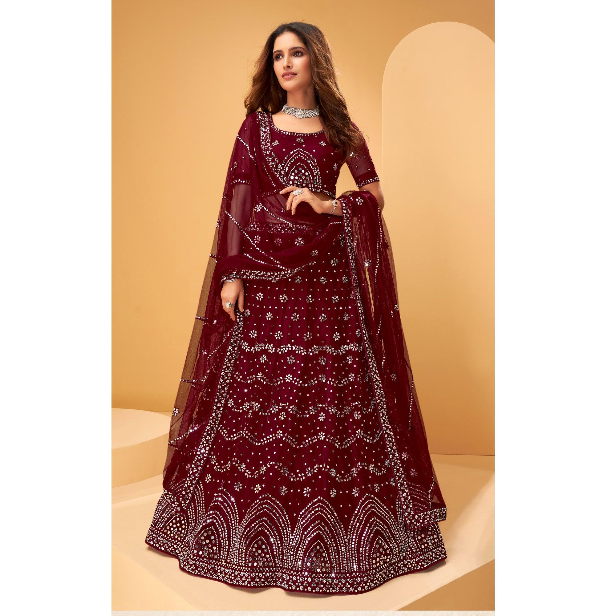 Maroon Party Wear Embroidered-Embellished Netted Lehenga Choli - Peachmode