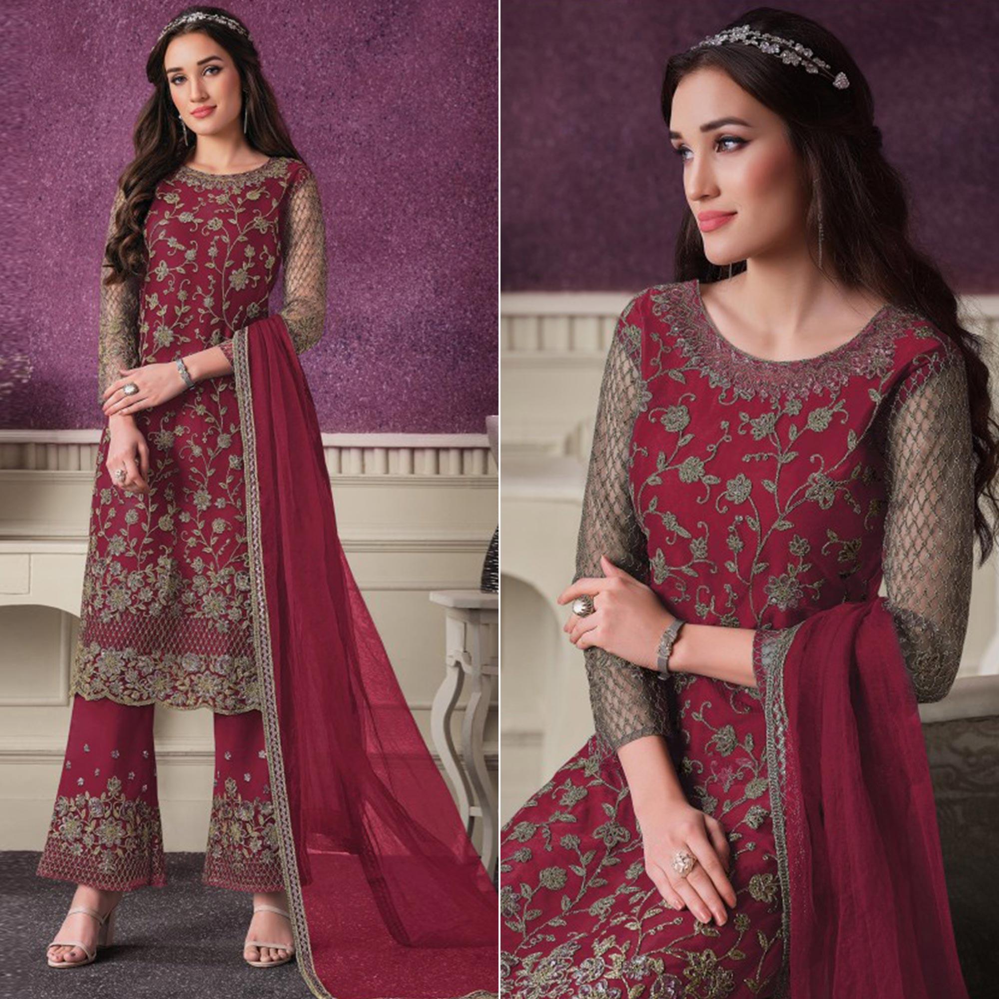 Maroon Party Wear Embroidered Netted Palazzo Suit - Peachmode
