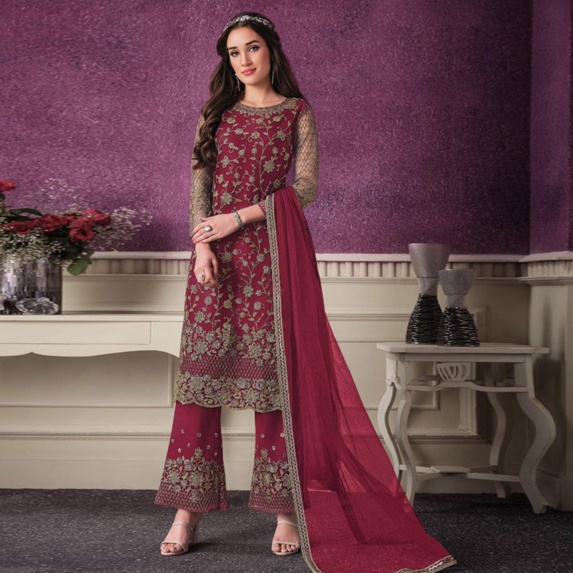 Maroon Party Wear Embroidered Netted Palazzo Suit - Peachmode