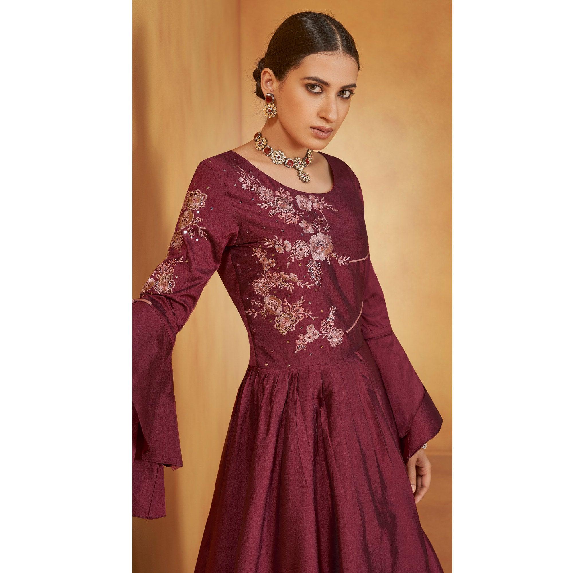 Maroon Party Wear Embroidered Tapetta Gown - Peachmode