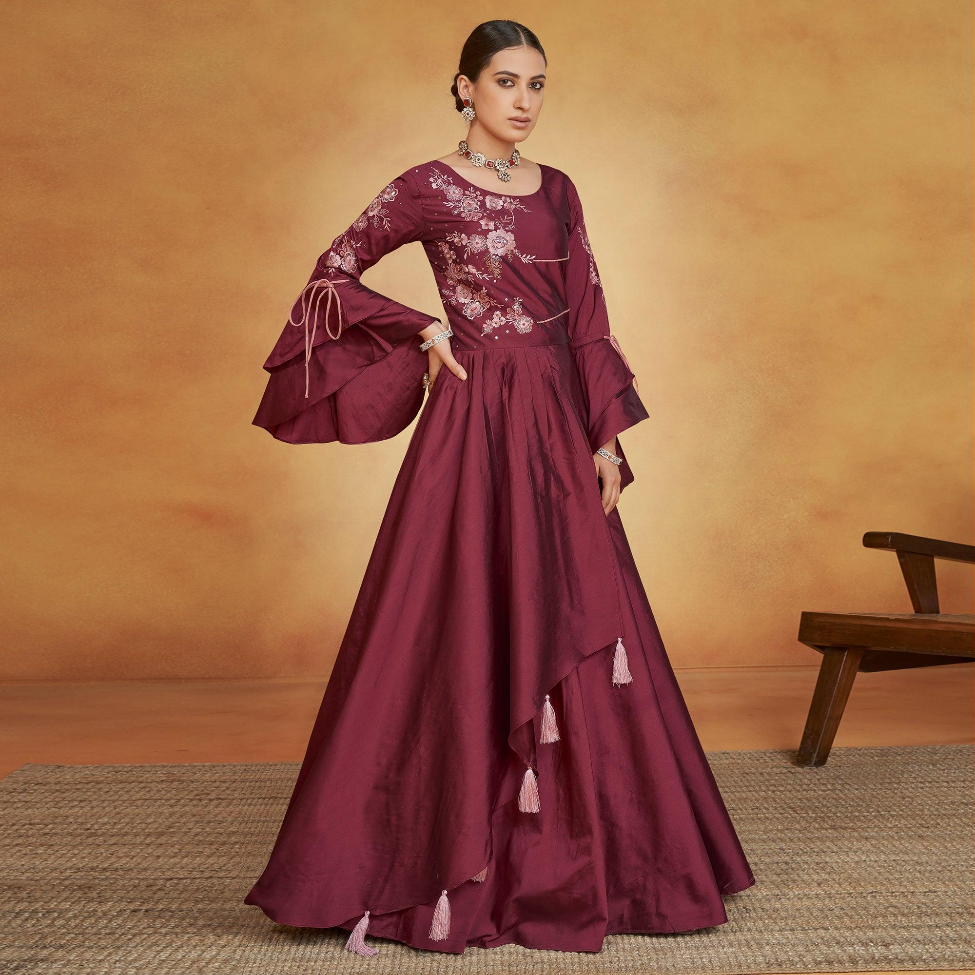 Maroon Party Wear Embroidered Tapetta Gown - Peachmode