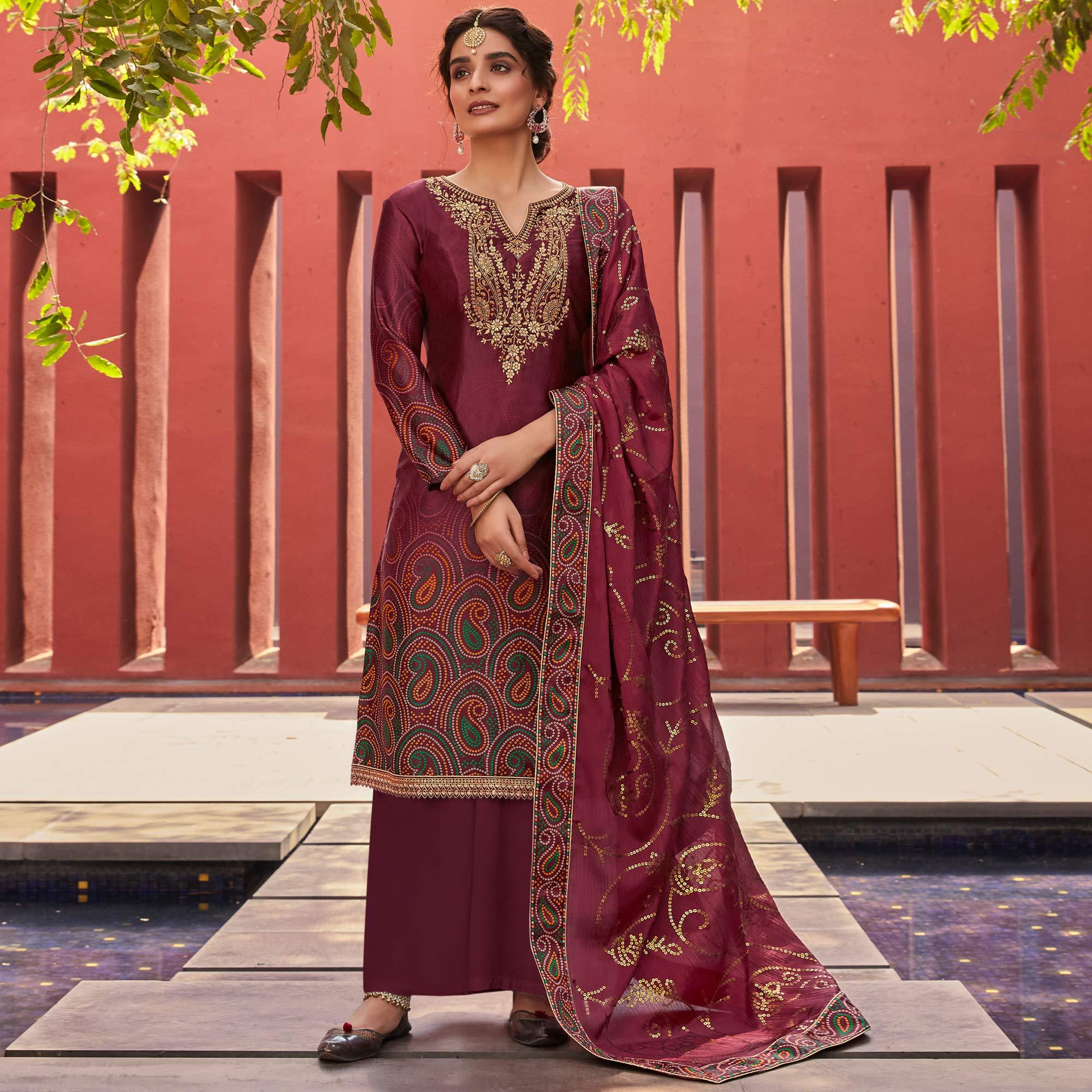 Maroon Party Wear Floral Embroidery With Digital Printed Jam Satin Suit - Peachmode