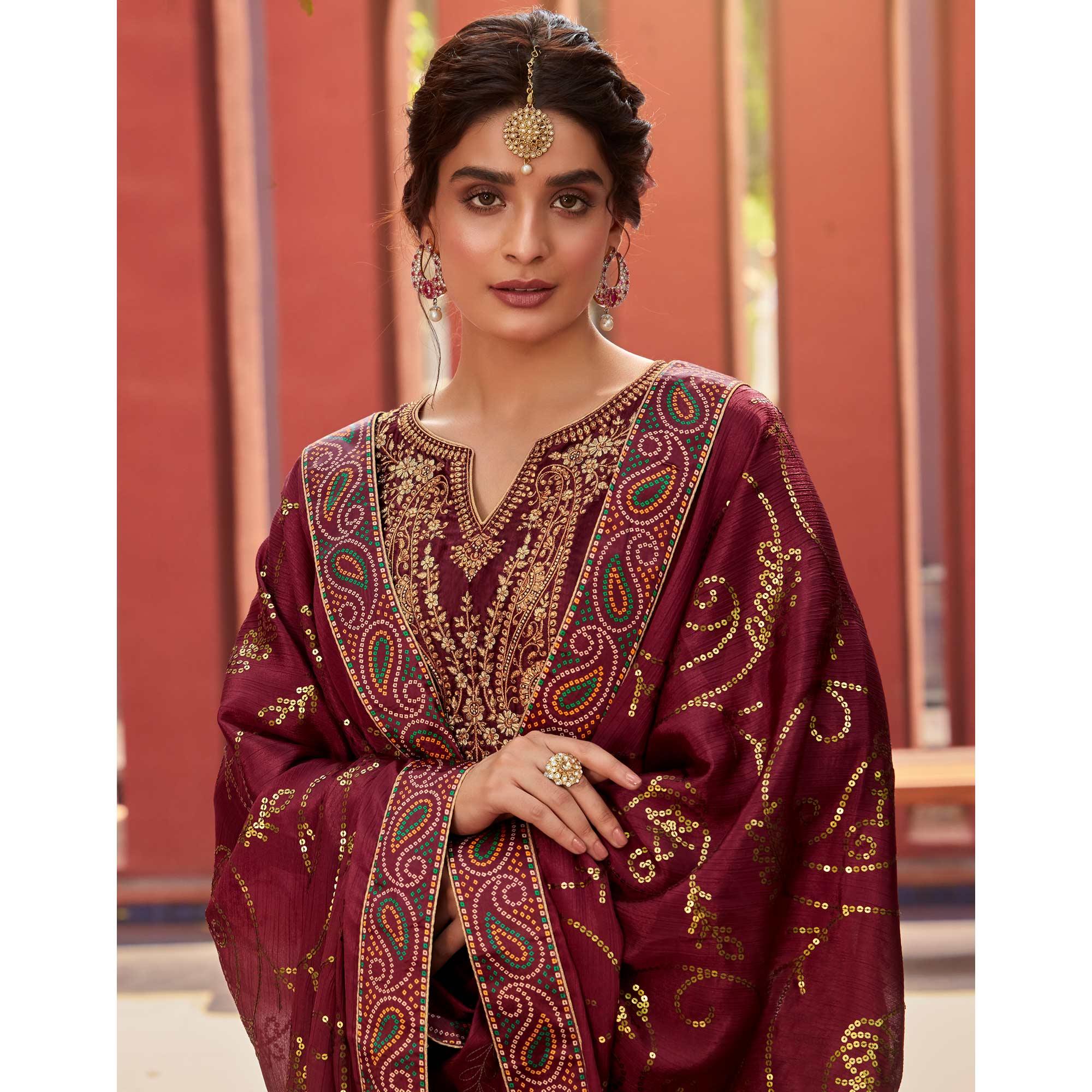 Maroon Party Wear Floral Embroidery With Digital Printed Jam Satin Suit - Peachmode