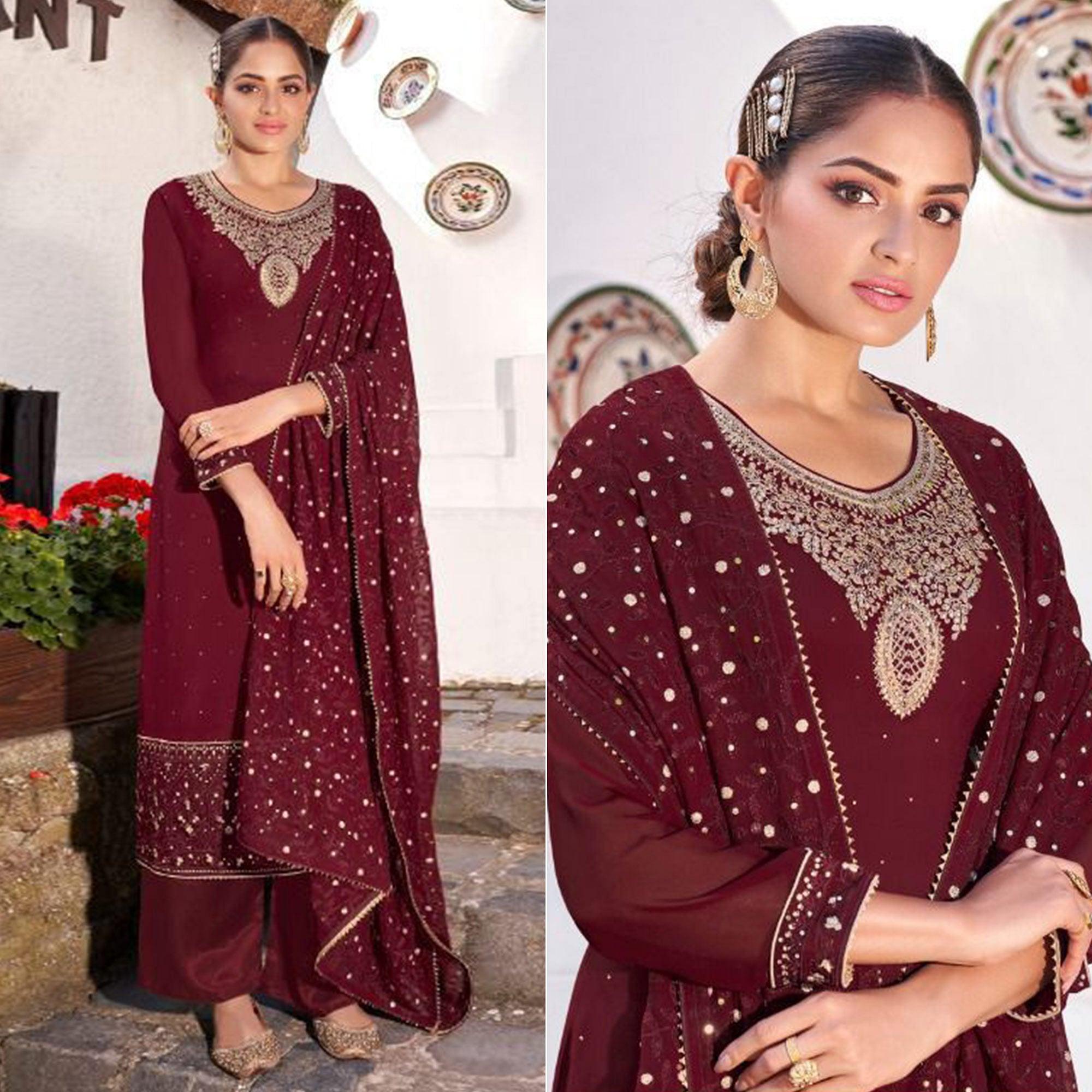 Maroon Party Wear Heavy Embroidered Georgette Suit - Peachmode