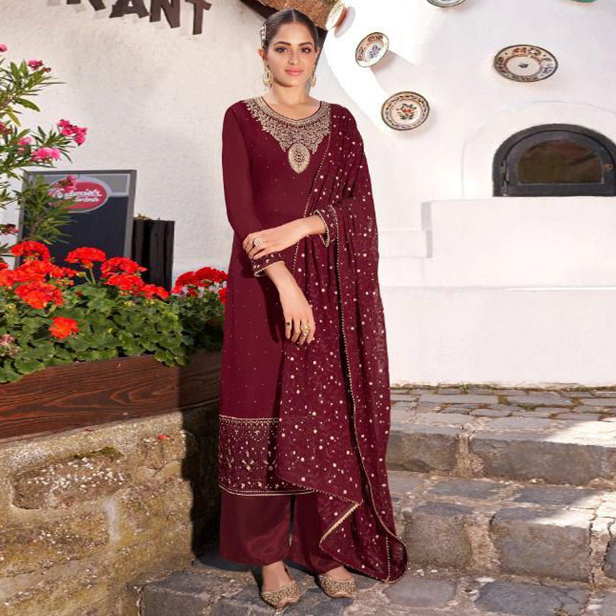 Maroon Party Wear Heavy Embroidered Georgette Suit - Peachmode