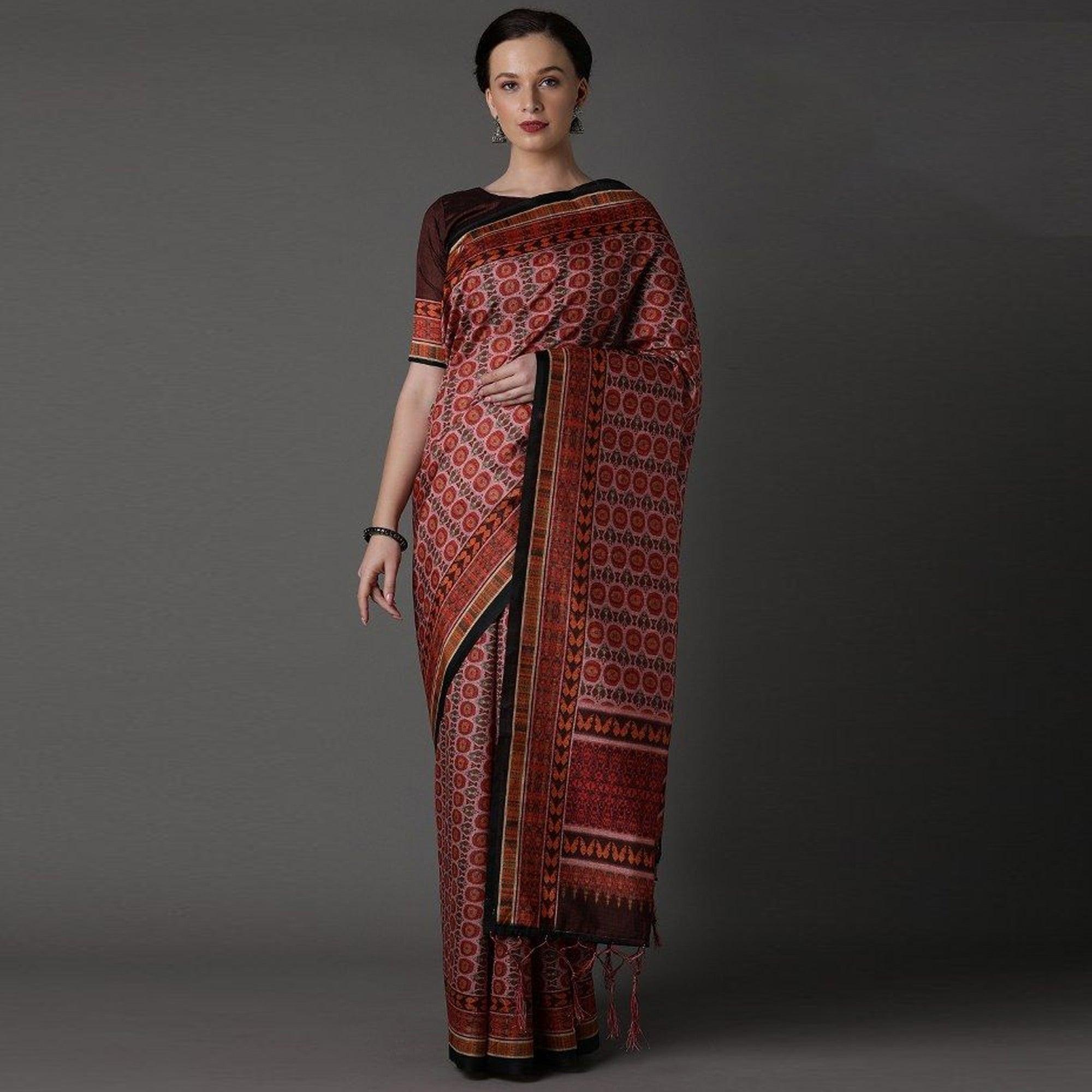 Maroon Party Wear Satin Printed Saree With Unstitched Blouse - Peachmode