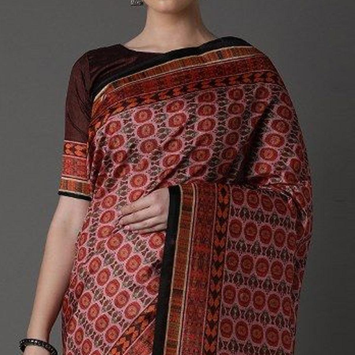 Maroon Party Wear Satin Printed Saree With Unstitched Blouse - Peachmode