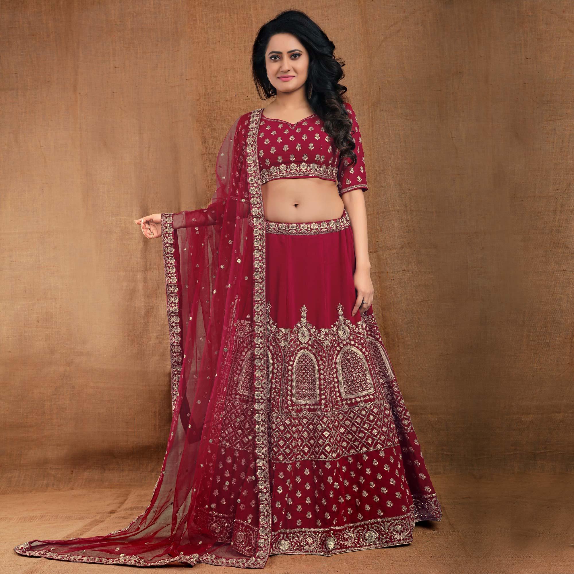 Maroon Party Wear Sequence Embroidered Georgette Lehenga Choli - Peachmode