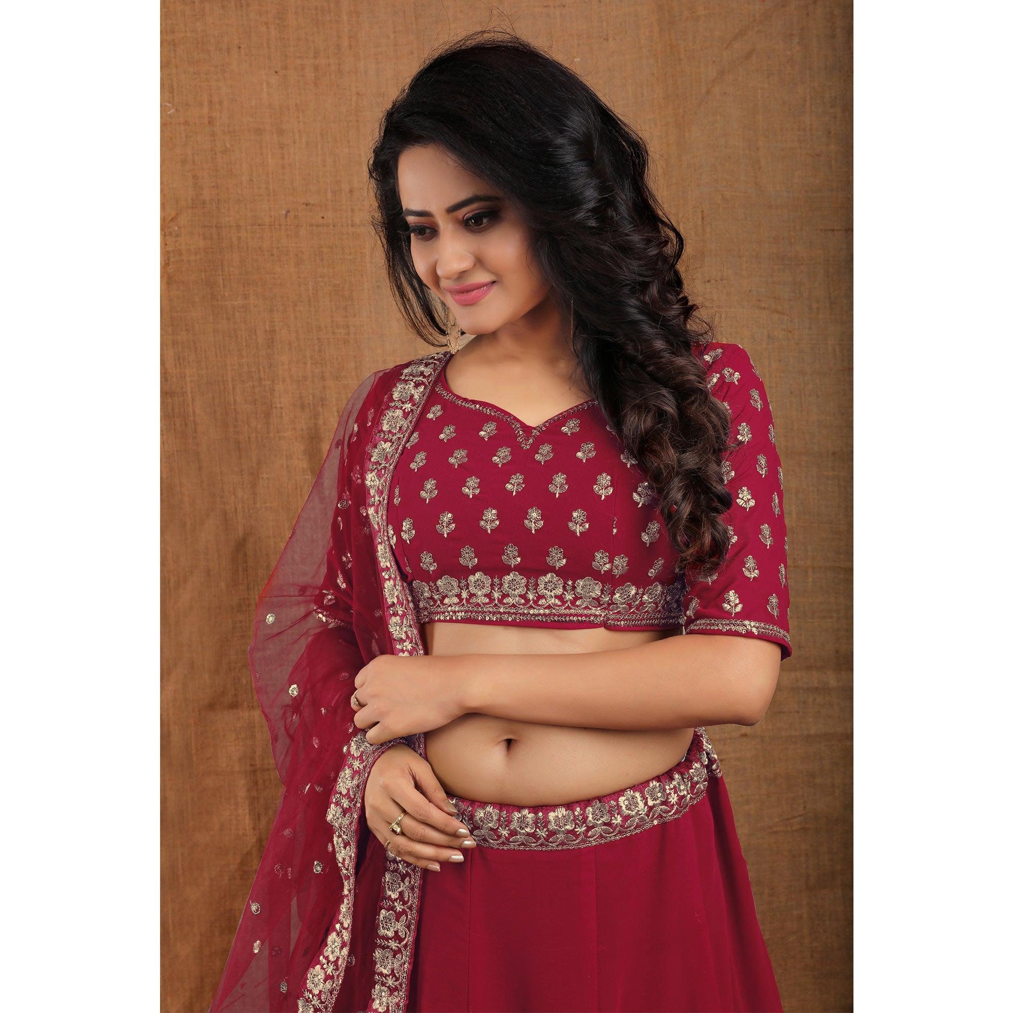 Maroon Party Wear Sequence Embroidered Georgette Lehenga Choli - Peachmode