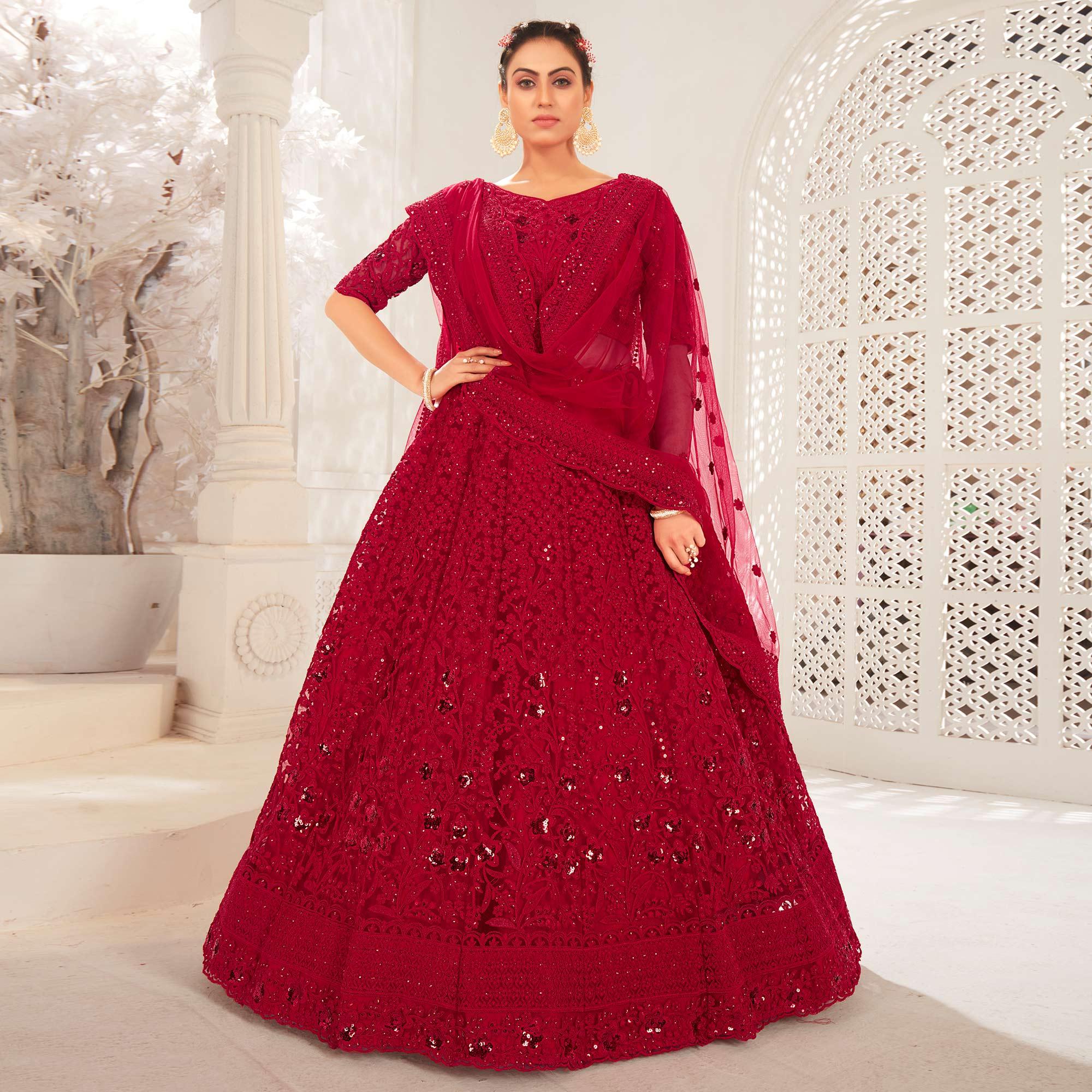 Maroon Partywear Cording Embroidery With Embellished Net Lehenga Choli - Peachmode