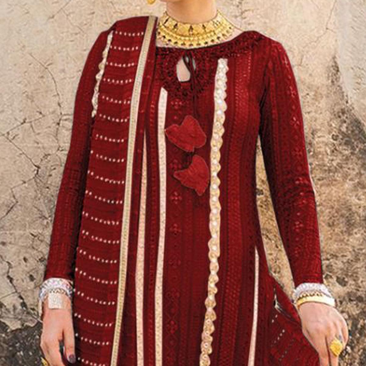 Maroon Partywear Embellished & Embroidered Georgette Anarkali Suit - Peachmode