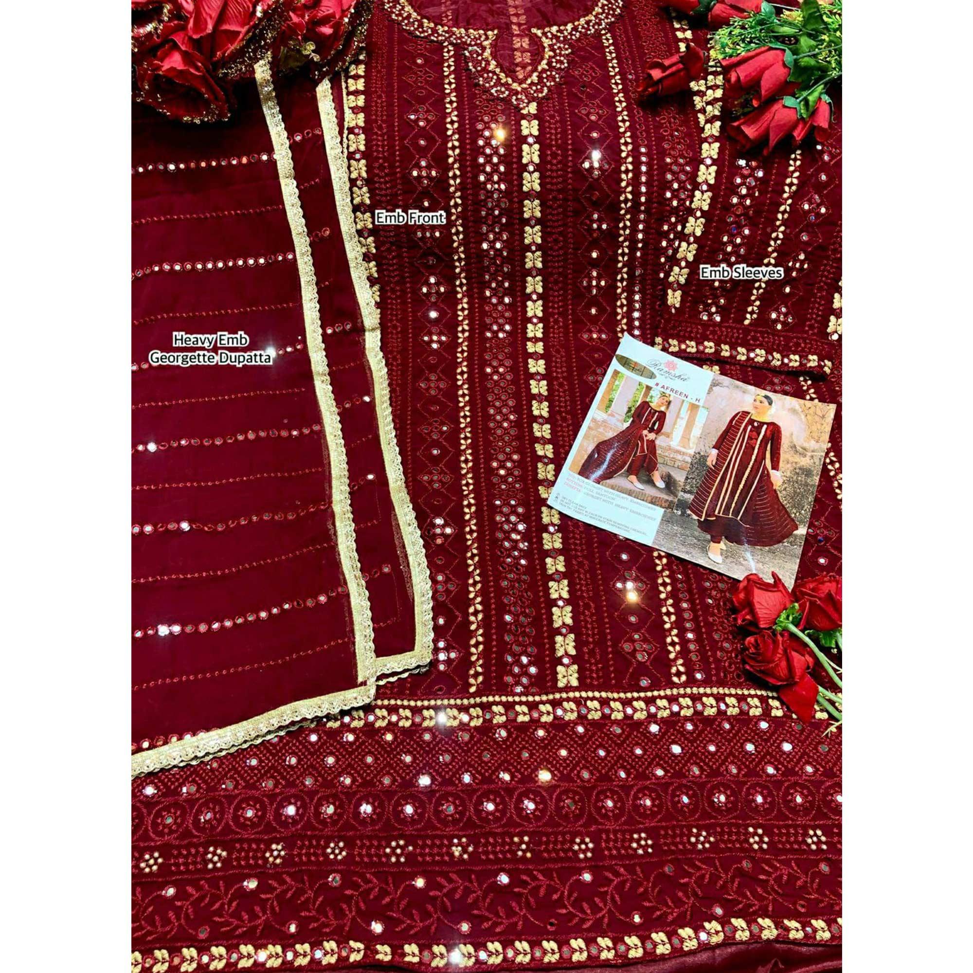 Maroon Partywear Embellished & Embroidered Georgette Anarkali Suit - Peachmode
