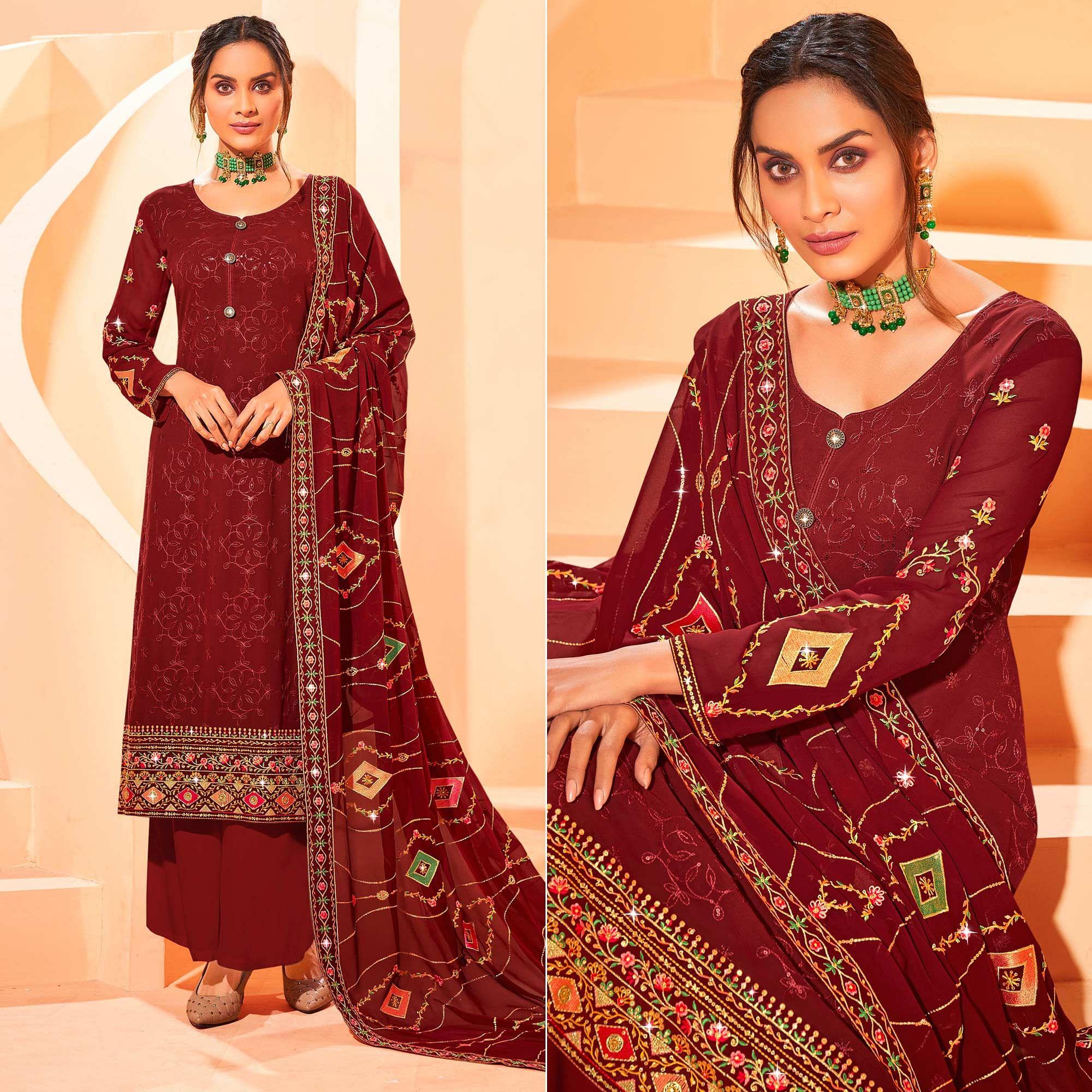 Maroon Partywear Embellished With Embroidered Georgette Palazzo Suit - Peachmode