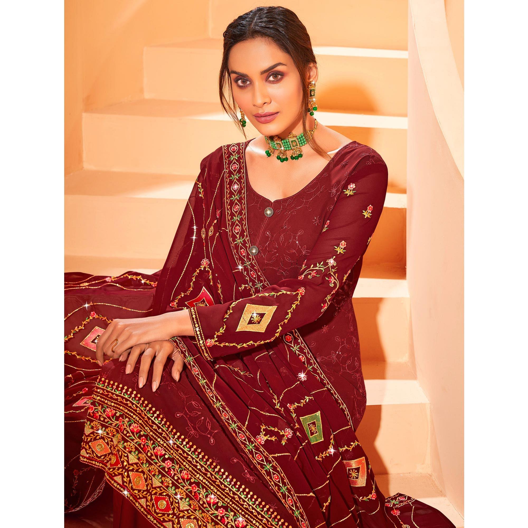 Maroon Partywear Embellished With Embroidered Georgette Palazzo Suit - Peachmode