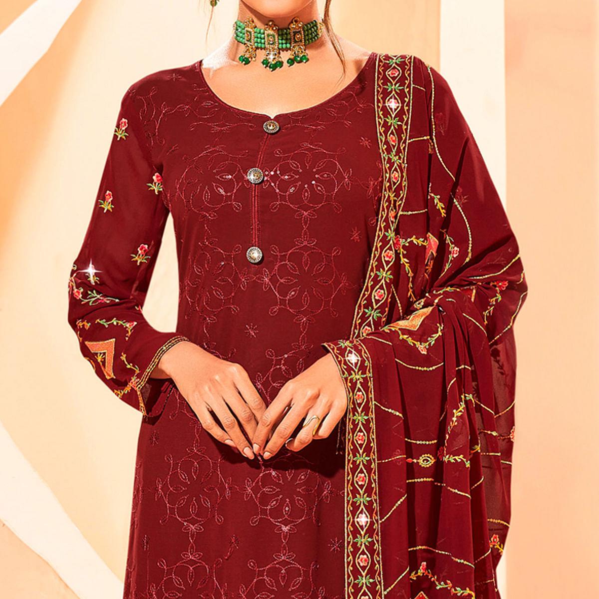 Maroon Partywear Embellished With Embroidered Georgette Palazzo Suit - Peachmode