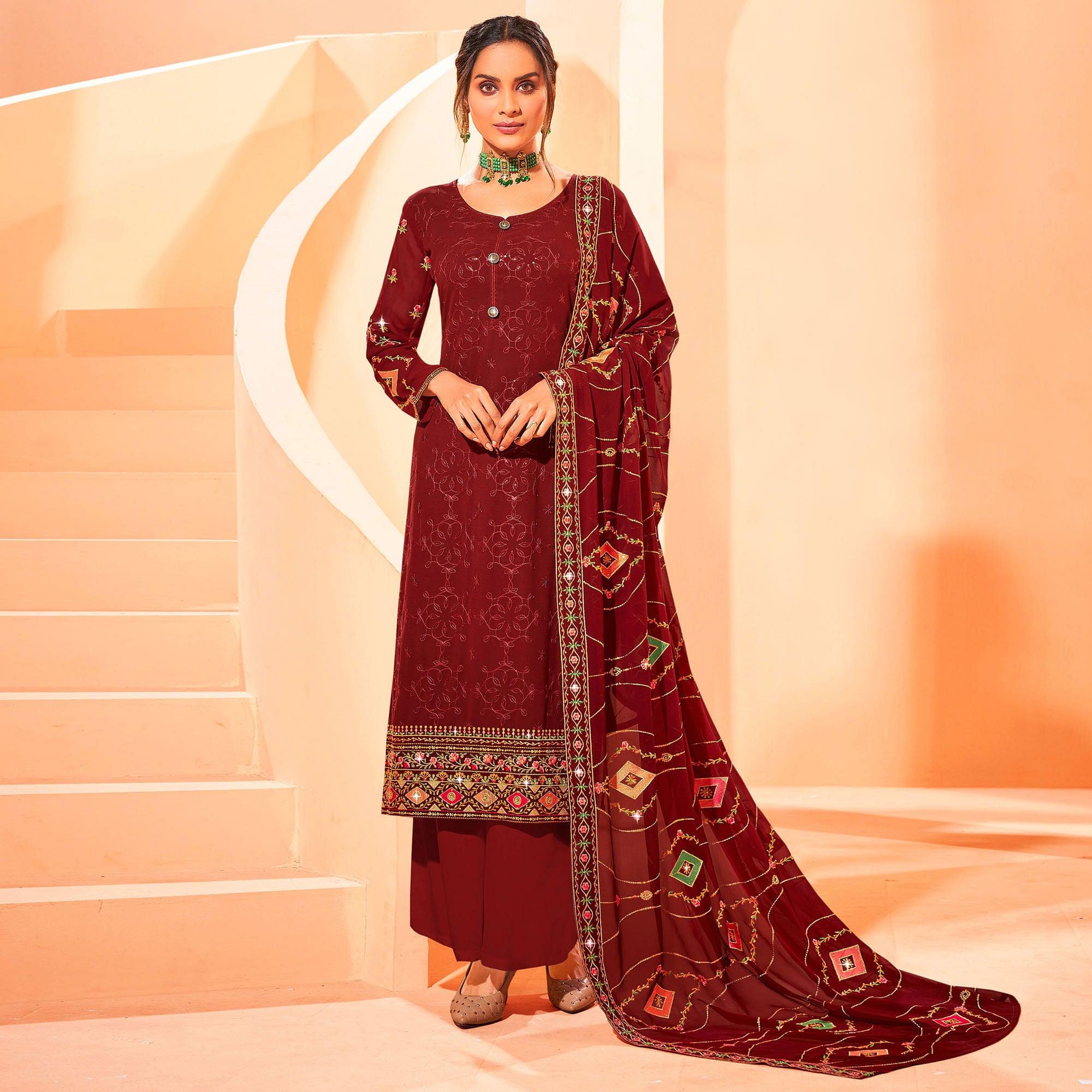 Maroon Partywear Embellished With Embroidered Georgette Palazzo Suit - Peachmode