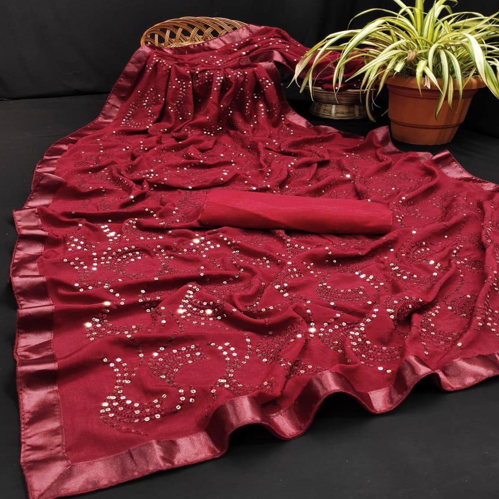 Maroon Partywear Embroidered & Sequence Chiffon Saree - Peachmode