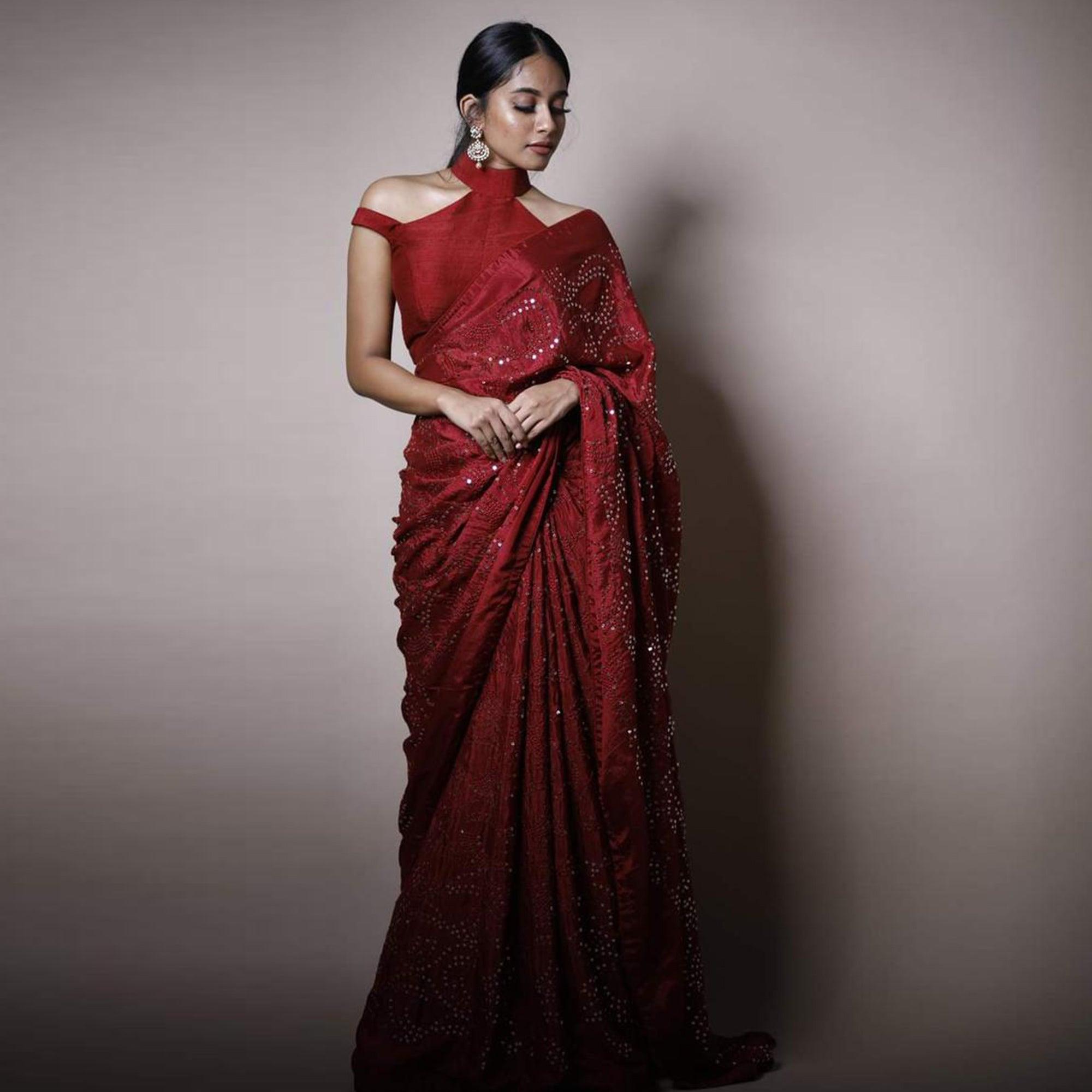 Maroon Partywear Embroidered & Sequence Chiffon Saree - Peachmode