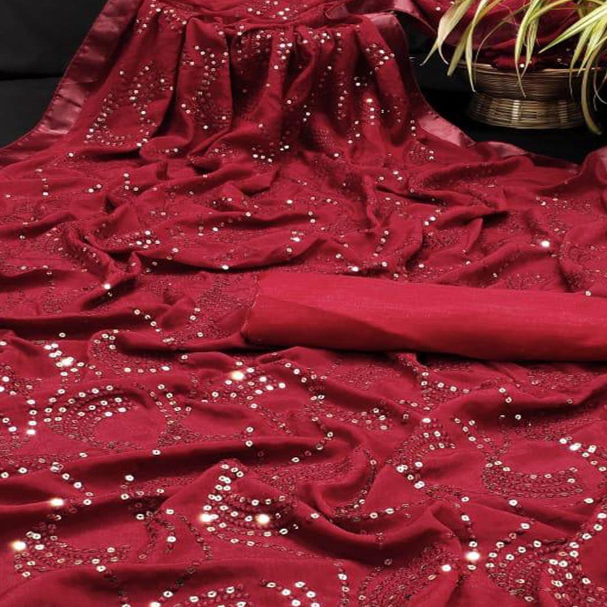 Maroon Partywear Embroidered & Sequence Chiffon Saree - Peachmode