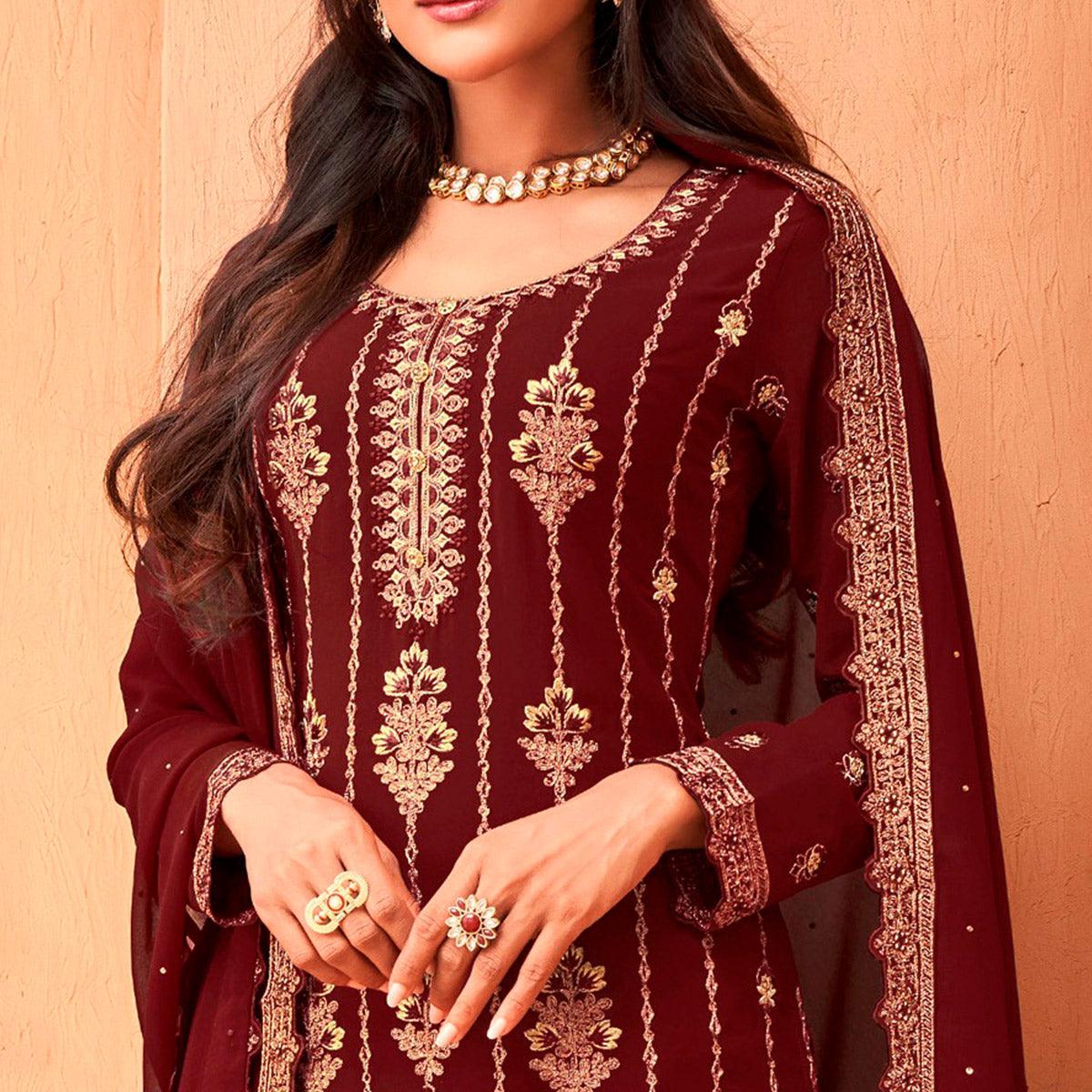 Maroon Partywear Embroidered & Sequence Work Faux Georgette Salwar Suit - Peachmode