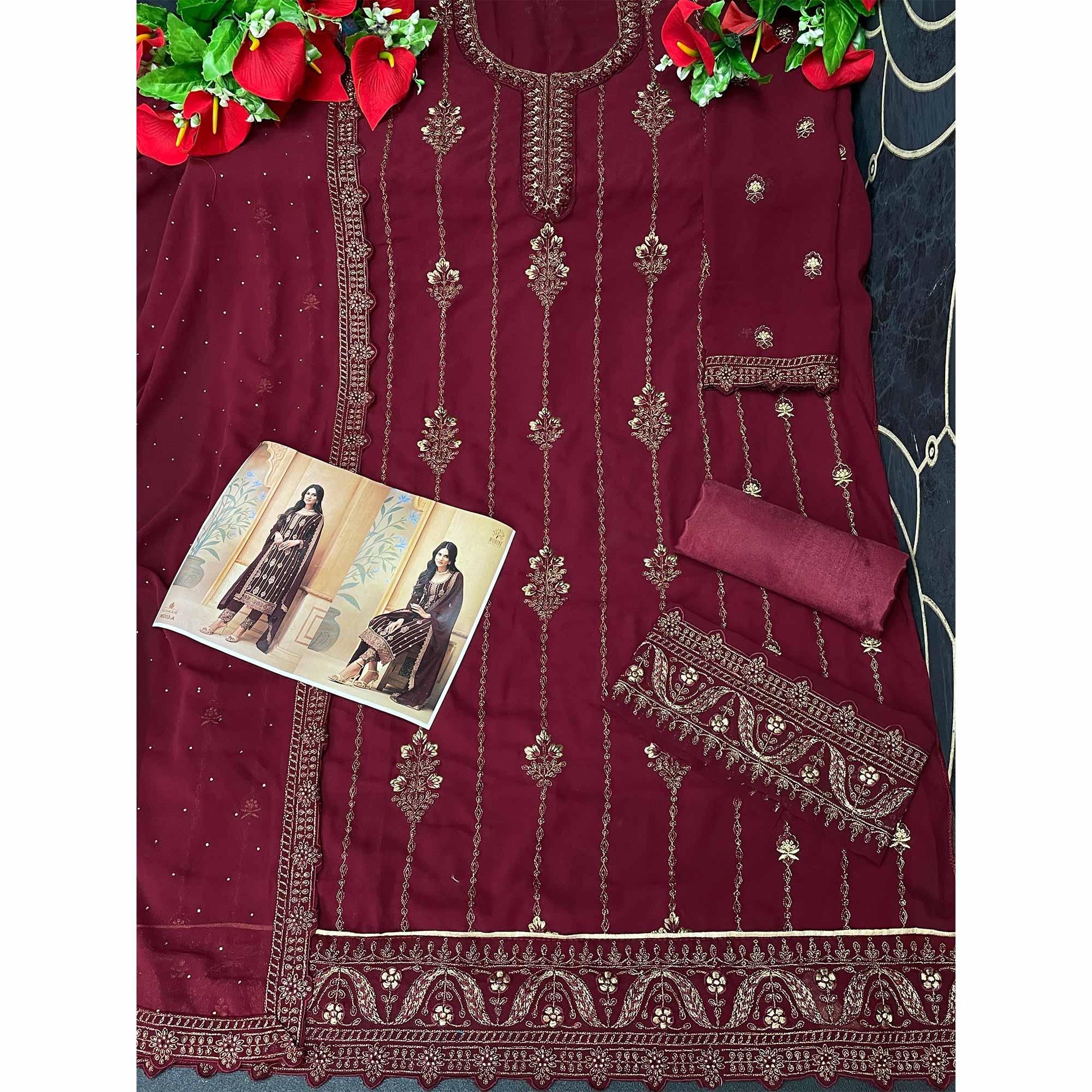 Maroon Partywear Embroidered & Sequence Work Faux Georgette Salwar Suit - Peachmode