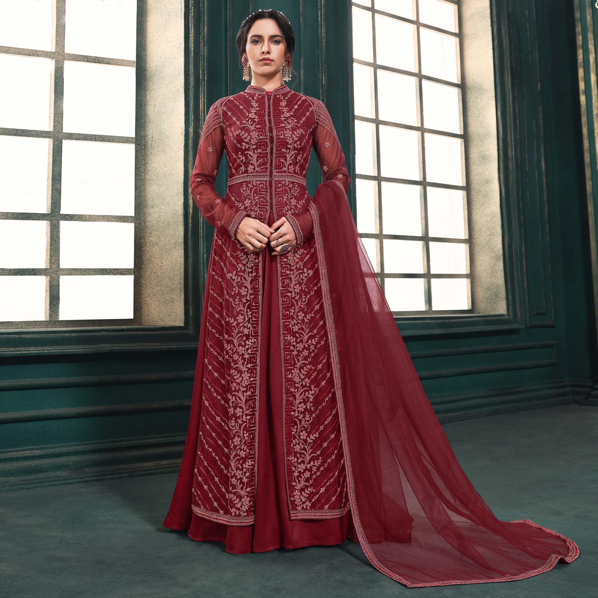 Maroon Partywear Embroidered Butterfly Net Anarkali Suit - Peachmode