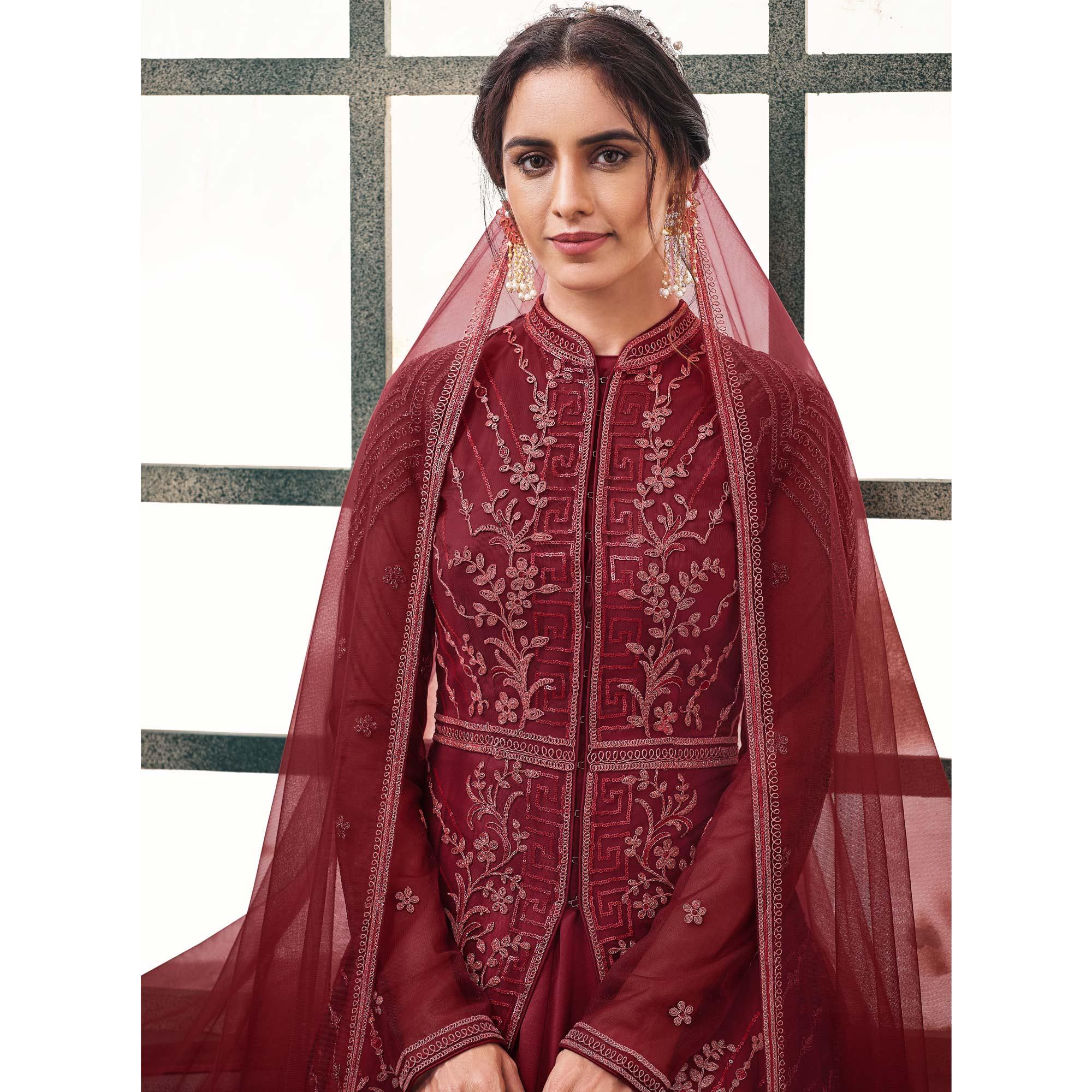 Maroon Partywear Embroidered Butterfly Net Anarkali Suit - Peachmode
