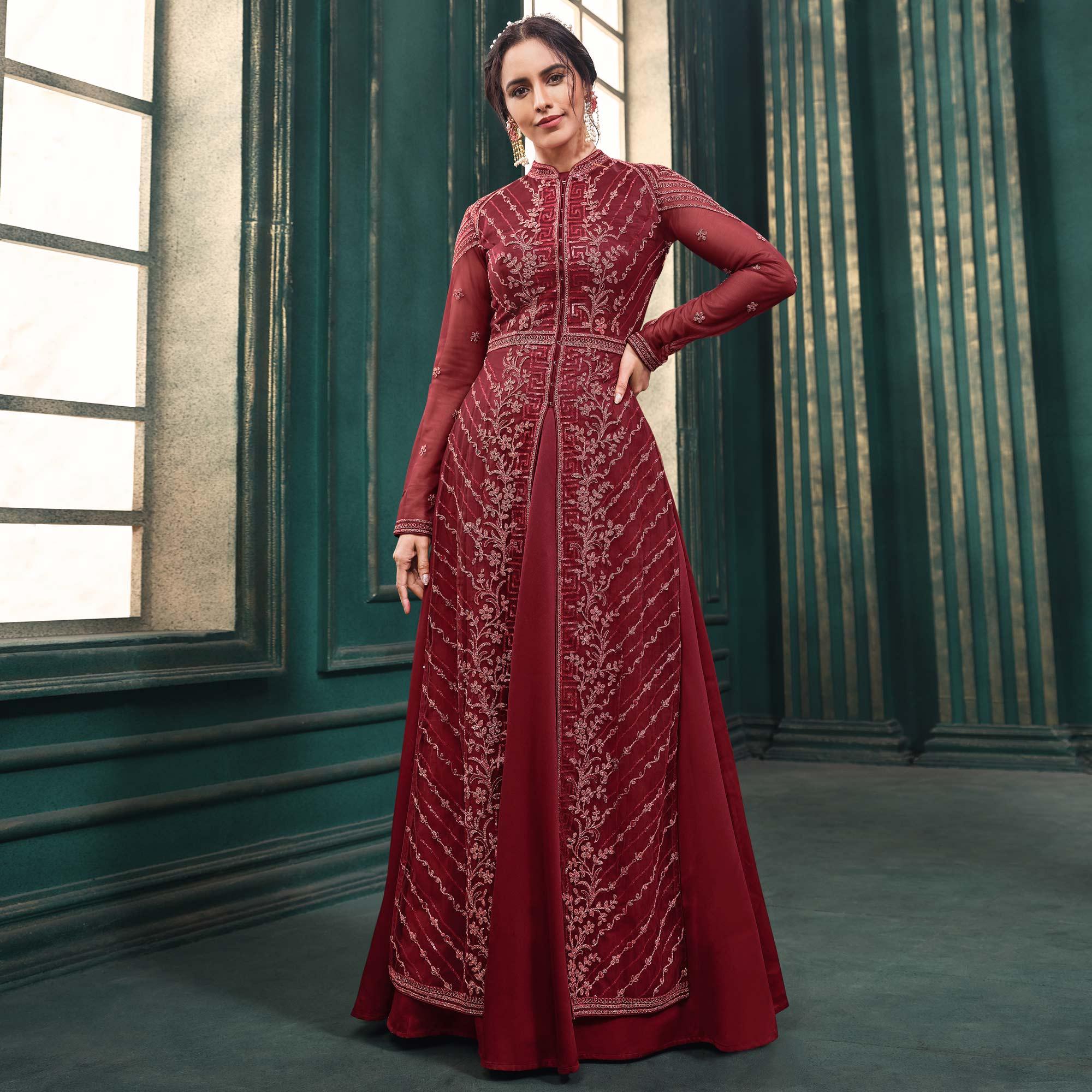 Maroon Partywear Embroidered Butterfly Net Anarkali Suit - Peachmode
