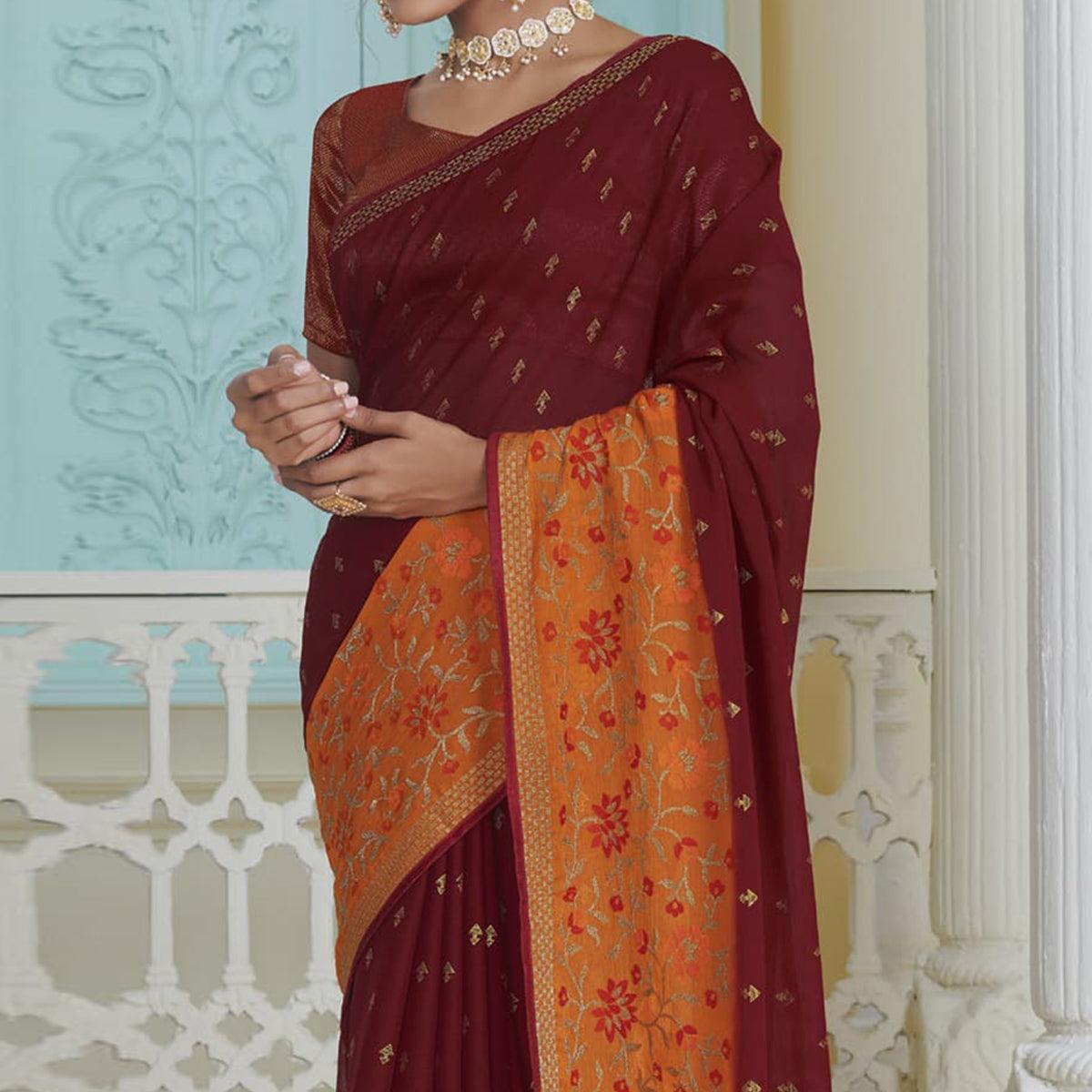 Maroon Partywear Embroidered Chiffon Saree - Peachmode