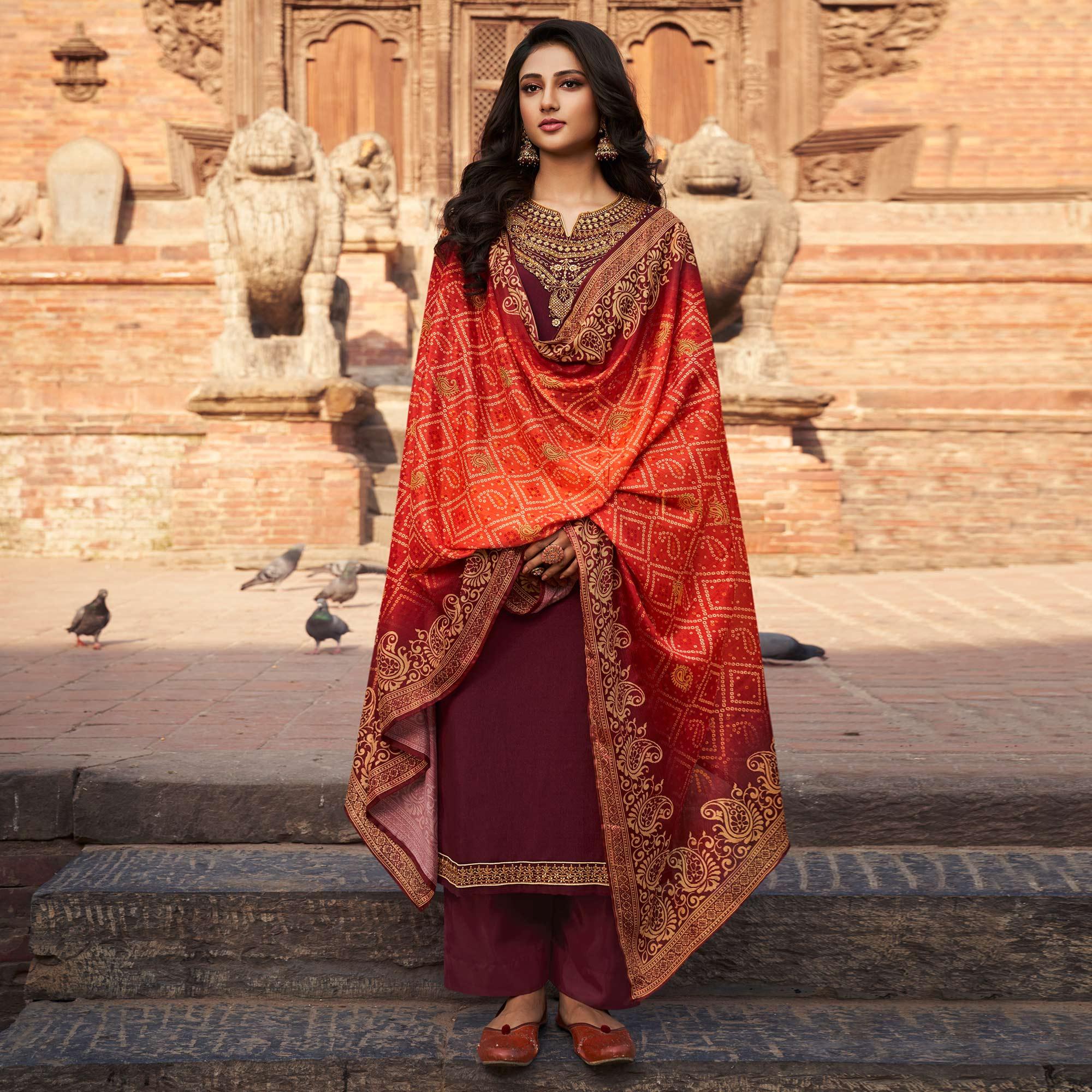 Maroon Partywear Embroidered Chinon chiffon Suit - Peachmode