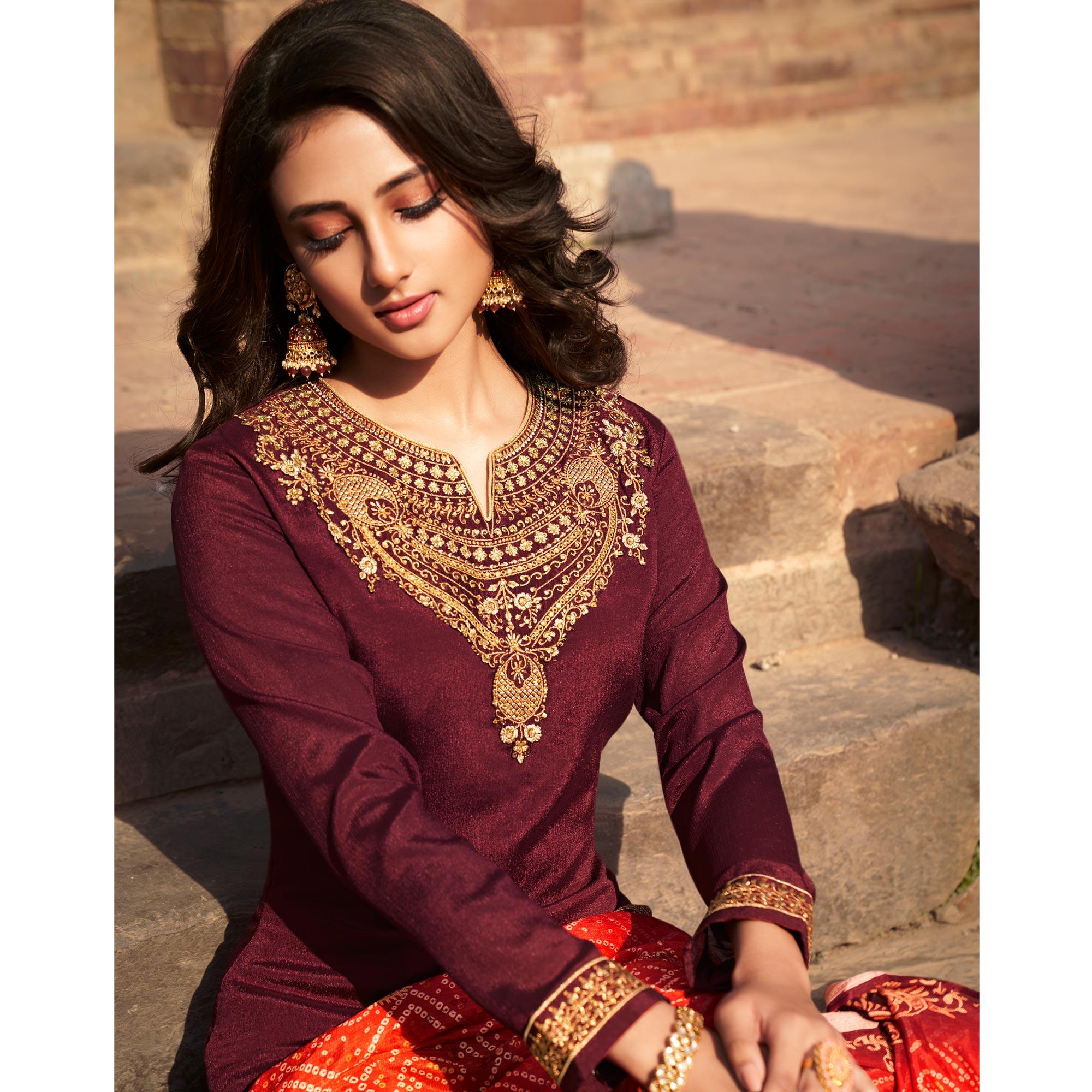 Maroon Partywear Embroidered Chinon chiffon Suit - Peachmode