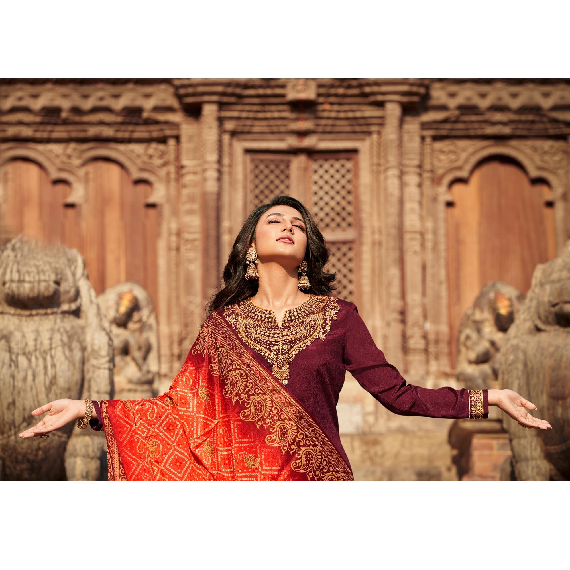 Maroon Partywear Embroidered Chinon chiffon Suit - Peachmode