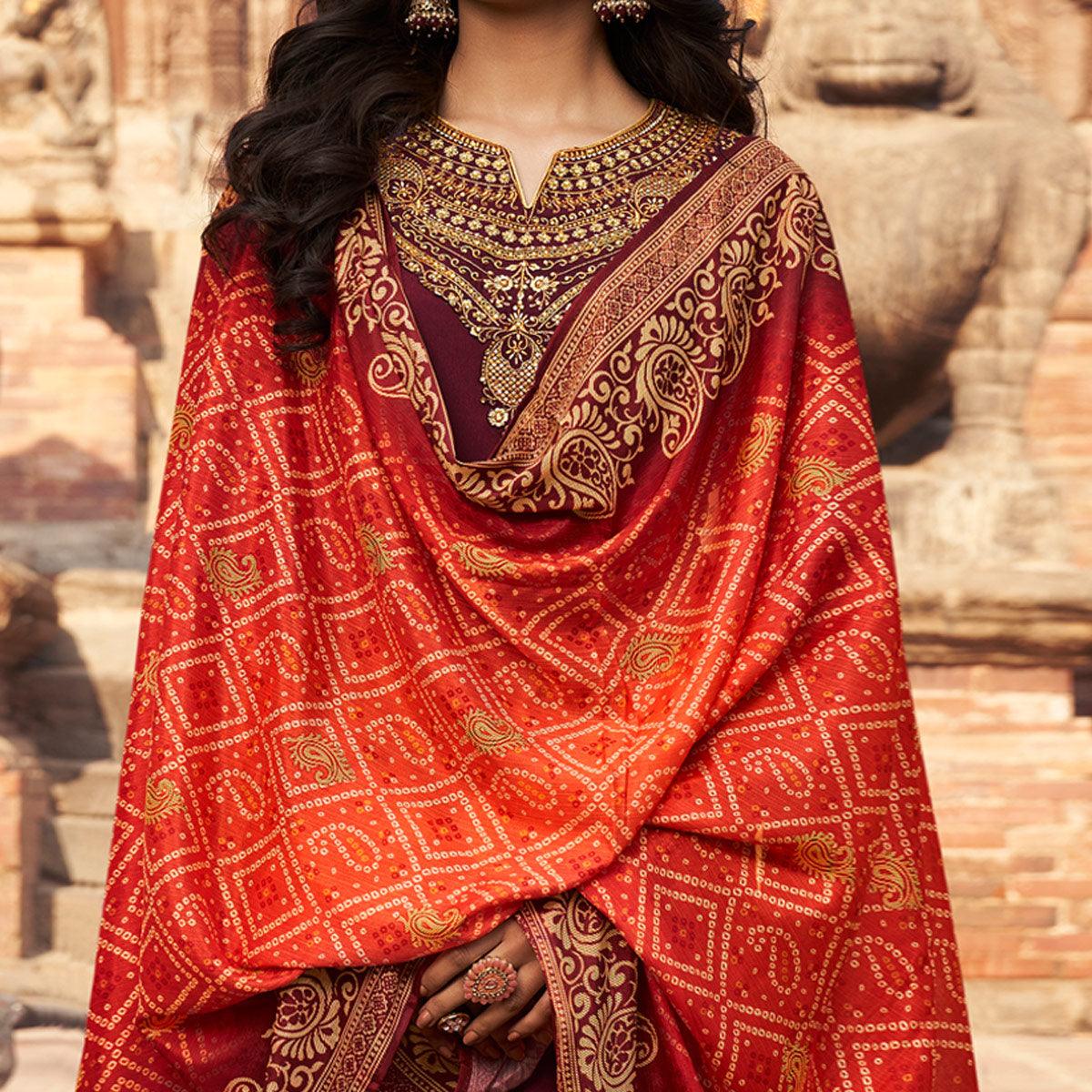 Maroon Partywear Embroidered Chinon chiffon Suit - Peachmode
