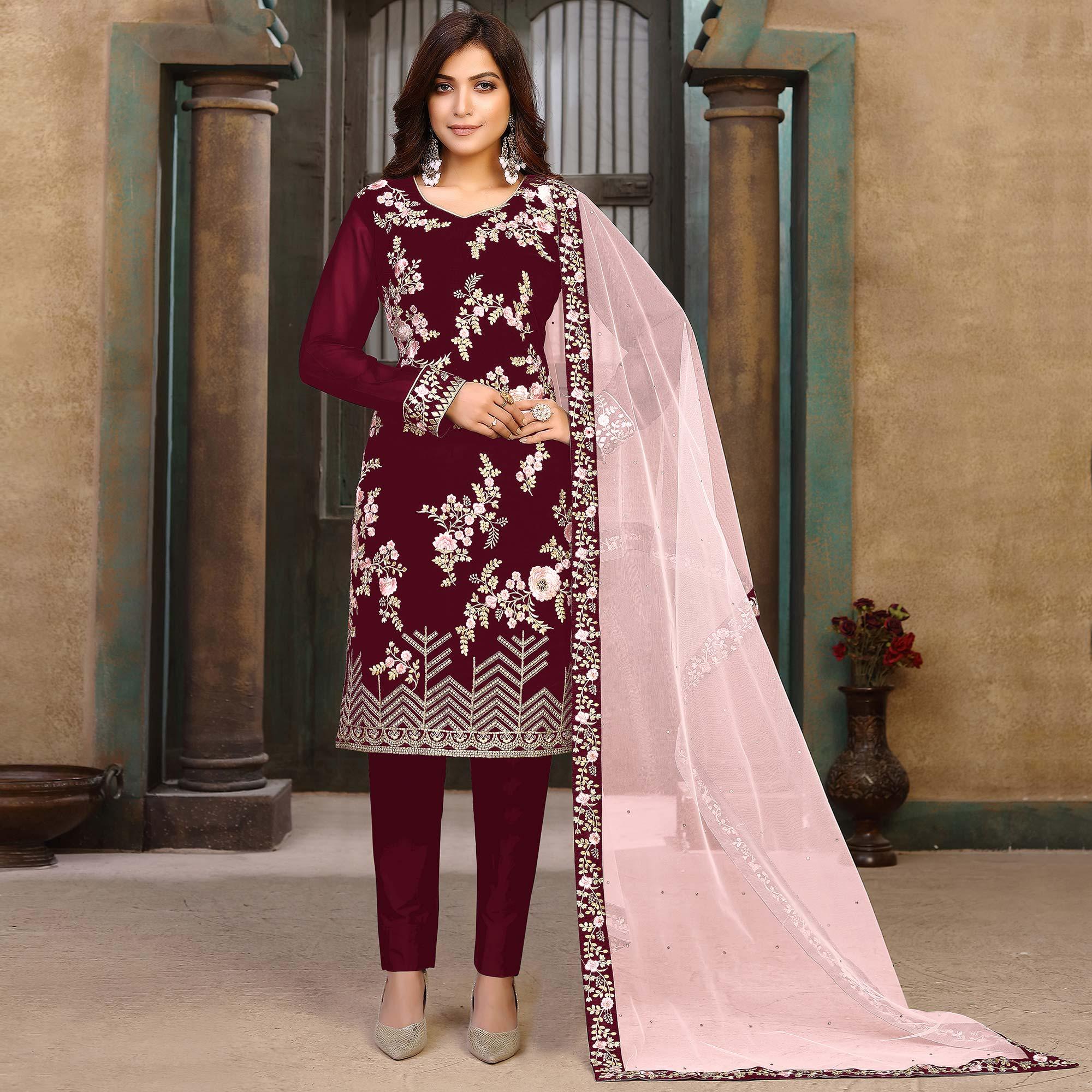 Maroon Partywear Embroidered Faux Georgette Salwar Suit - Peachmode