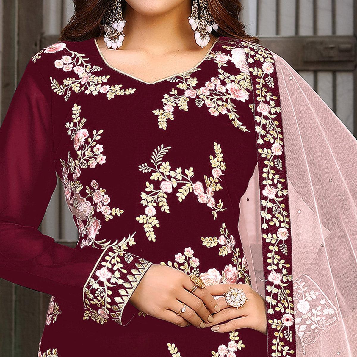 Maroon Partywear Embroidered Faux Georgette Salwar Suit - Peachmode