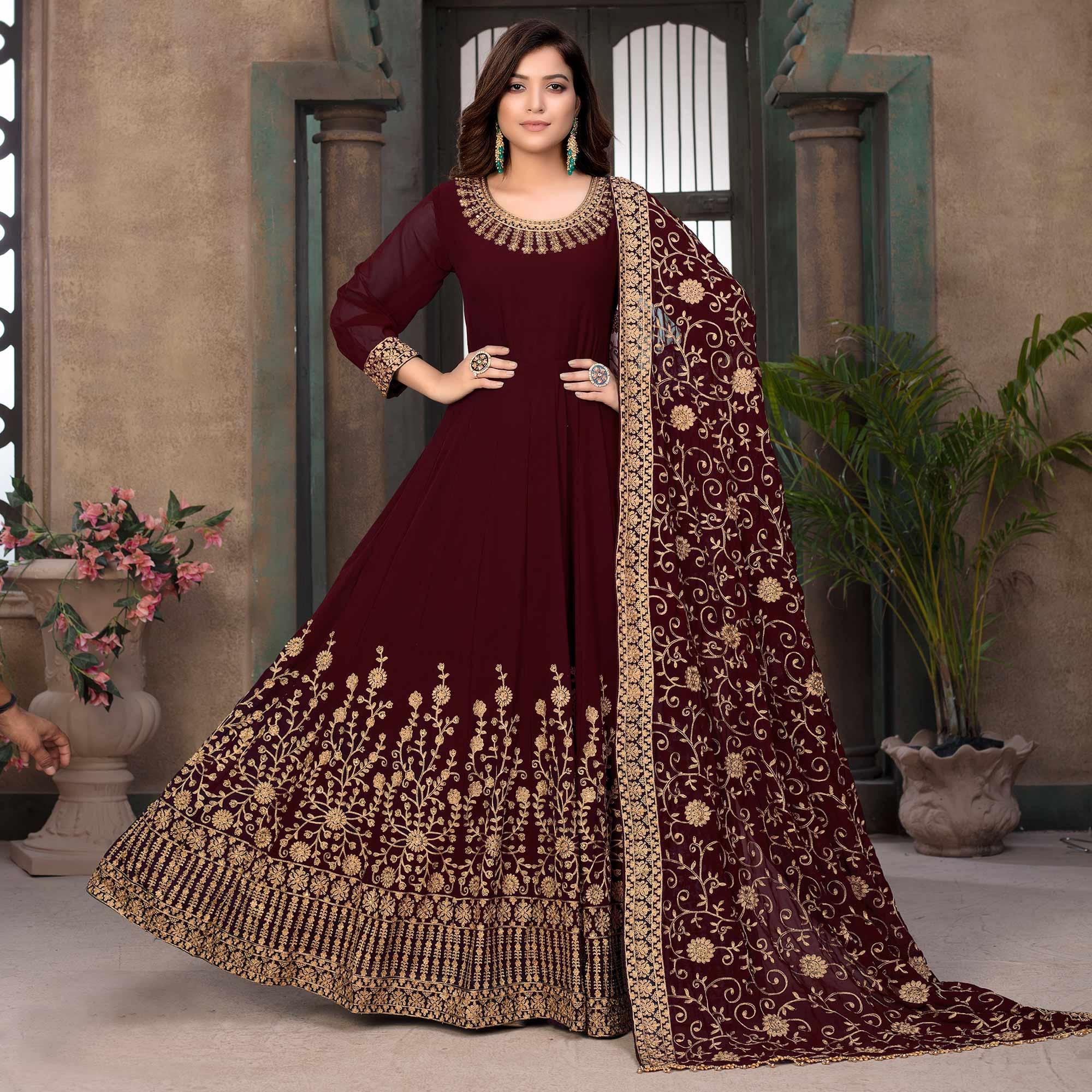 Maroon Partywear Embroidered Georgette Anarkali Suit - Peachmode