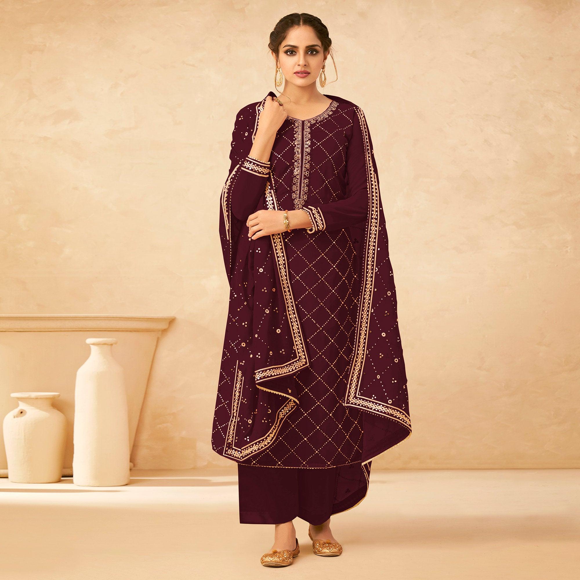 Maroon Partywear Embroidered Georgette Palazzo Suit - Peachmode