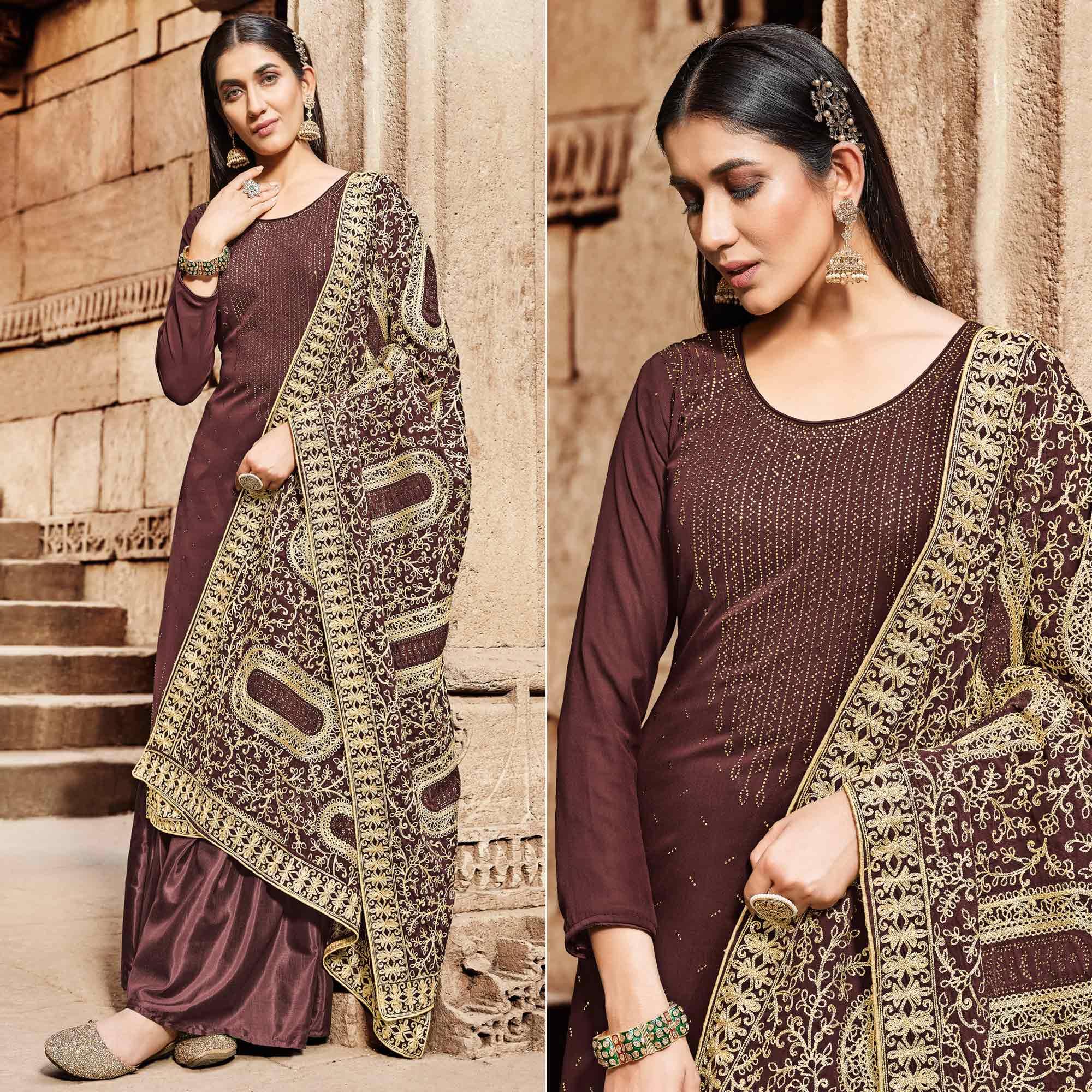 Maroon Partywear Embroidered Georgette Palazzo Suit - Peachmode