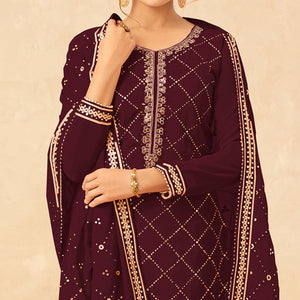 Maroon Partywear Embroidered Georgette Palazzo Suit - Peachmode