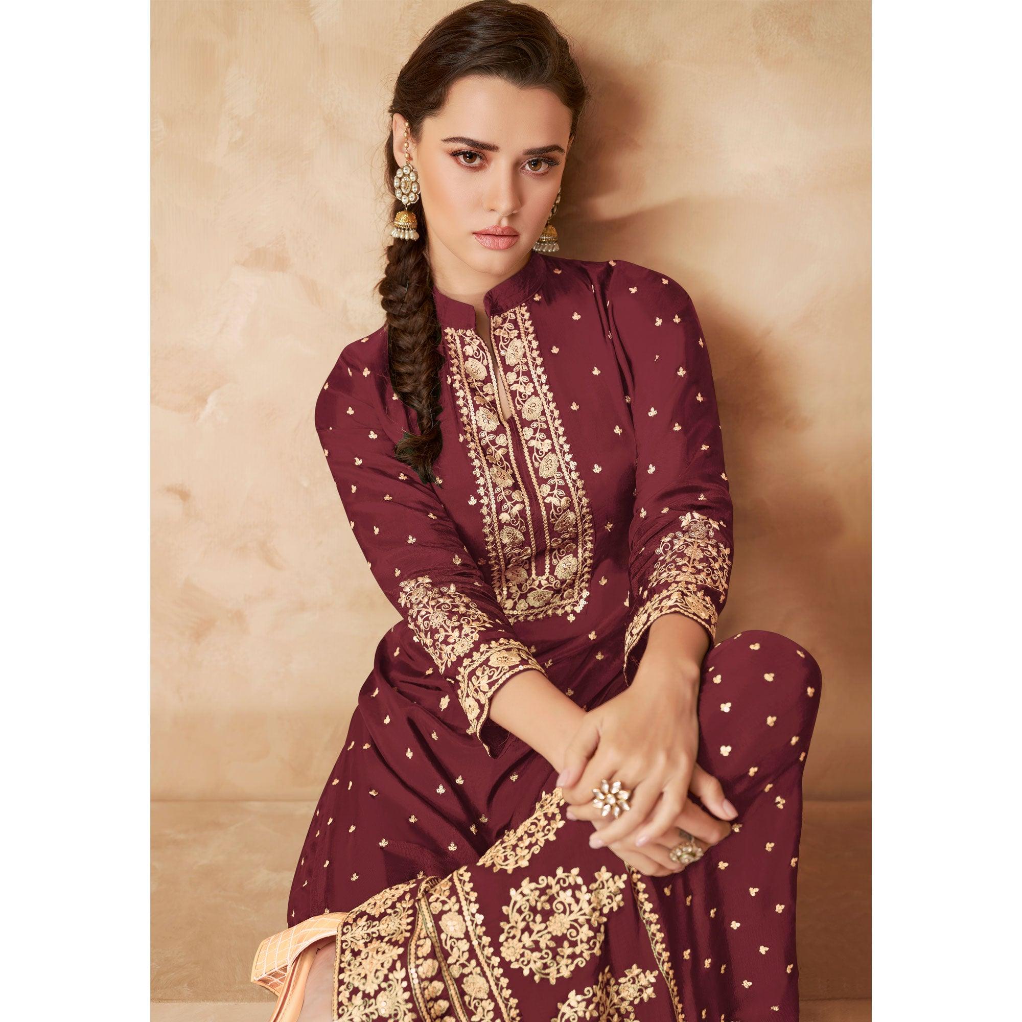 Maroon Partywear Embroidered Georgette Palazzo Suit - Peachmode