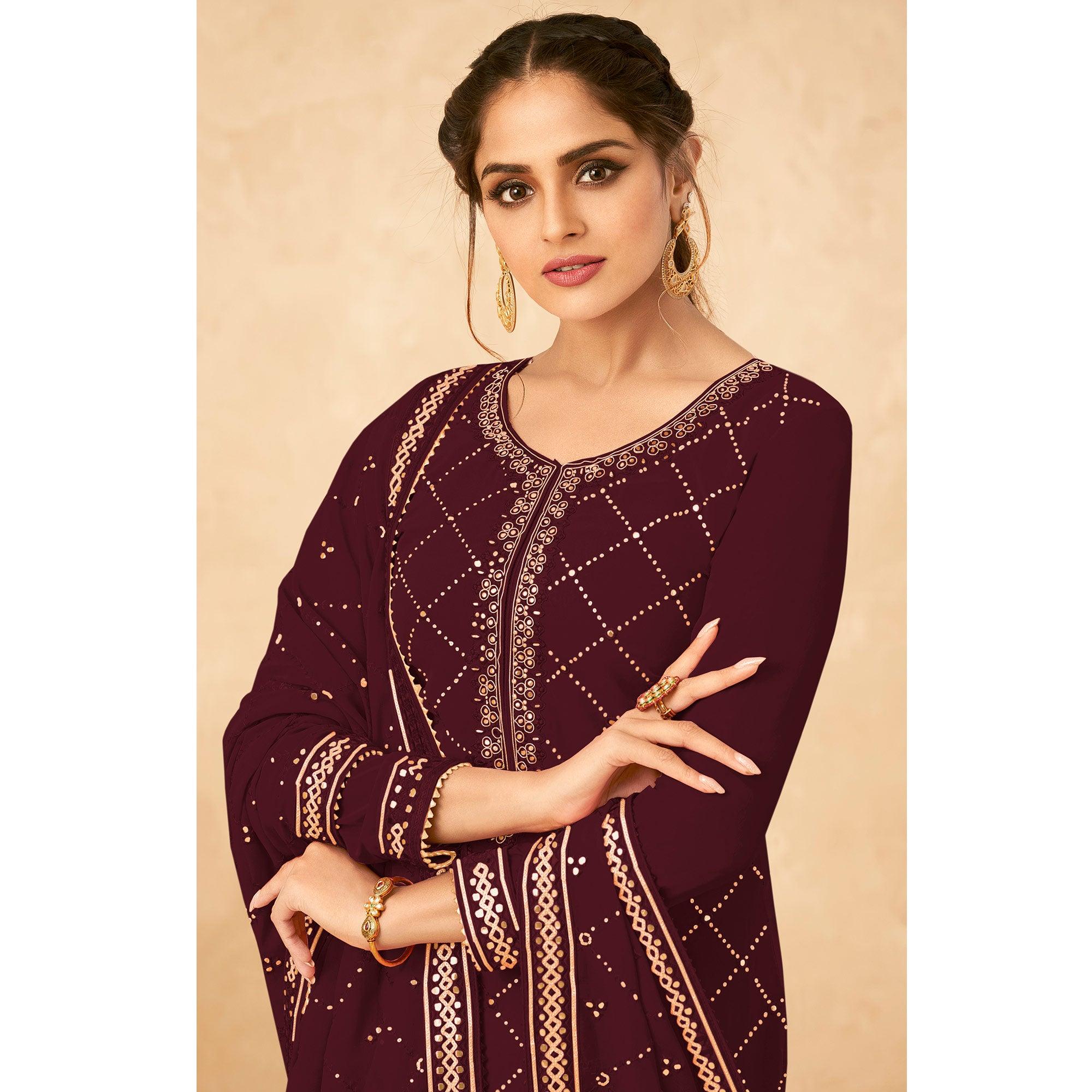 Maroon Partywear Embroidered Georgette Palazzo Suit - Peachmode