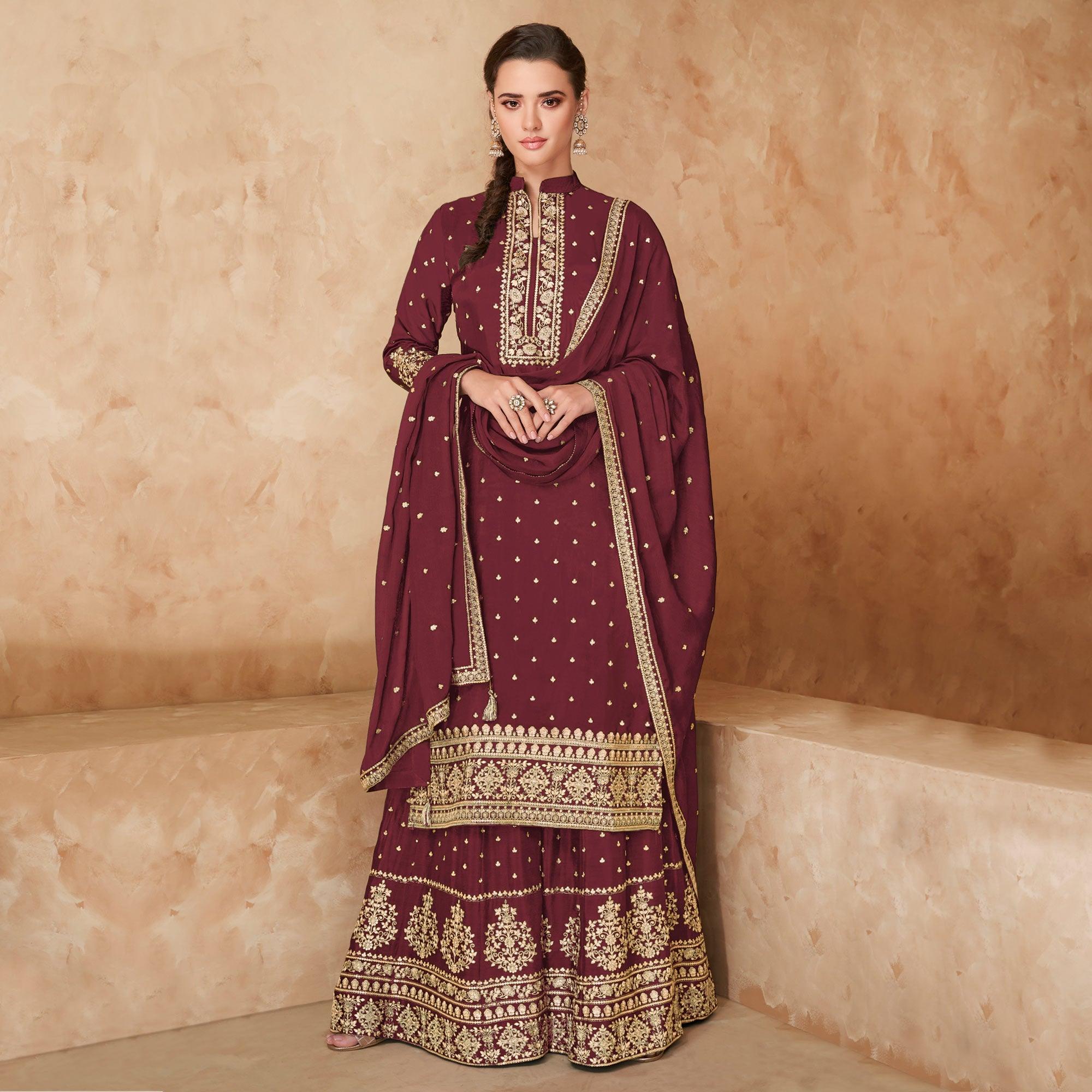 Maroon Partywear Embroidered Georgette Palazzo Suit - Peachmode