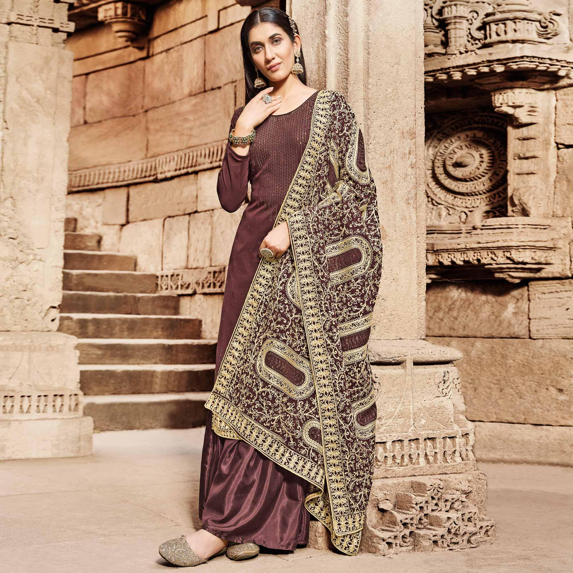 Maroon Partywear Embroidered Georgette Palazzo Suit - Peachmode