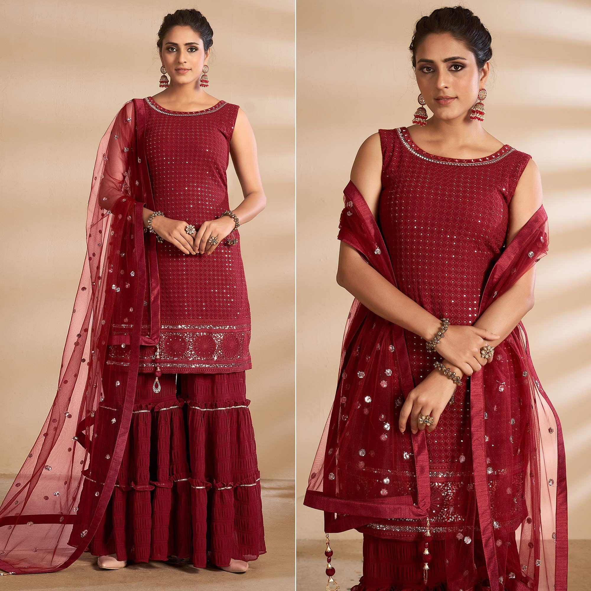 Maroon Partywear Embroidered Georgette Sharara Suit - Peachmode