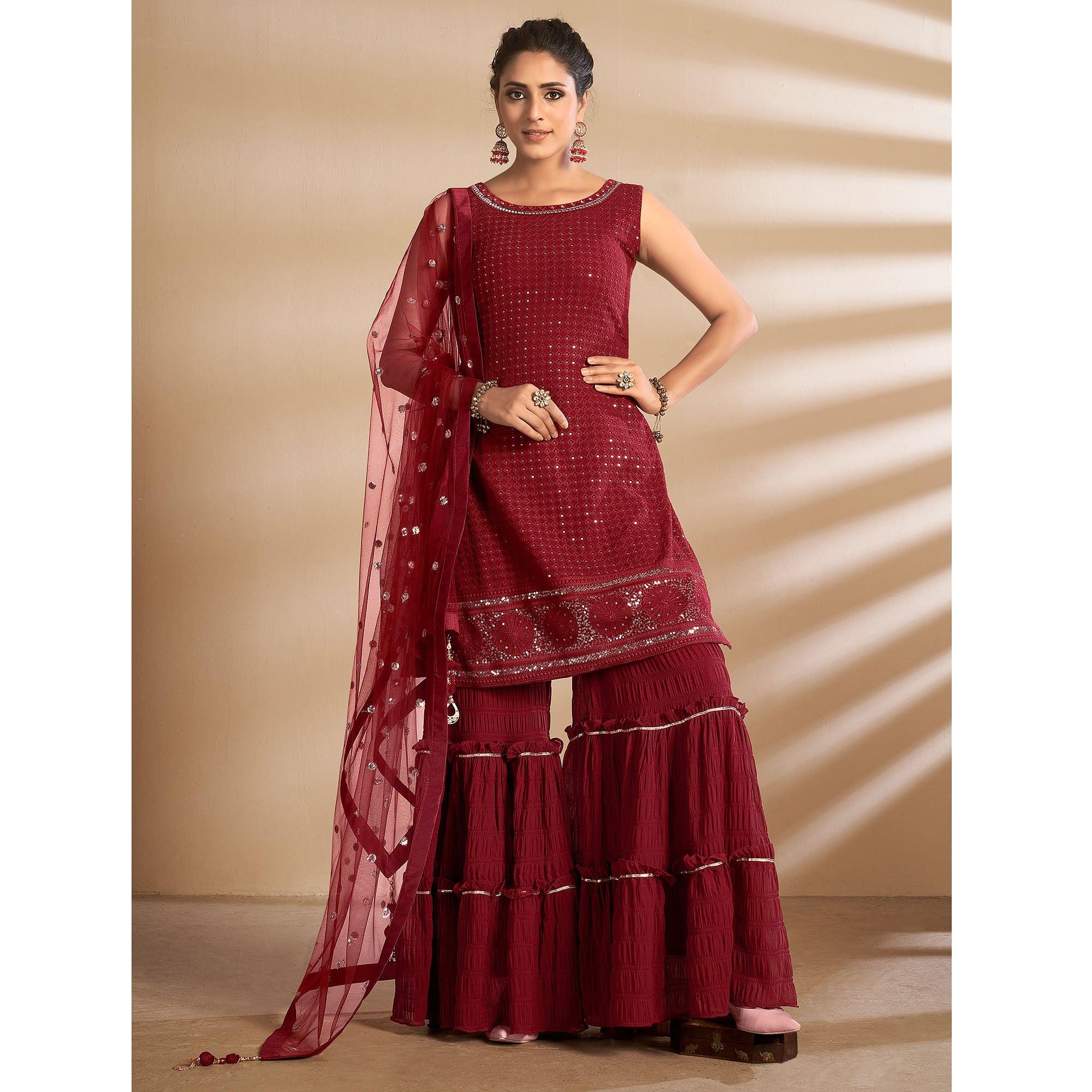 Maroon Partywear Embroidered Georgette Sharara Suit - Peachmode
